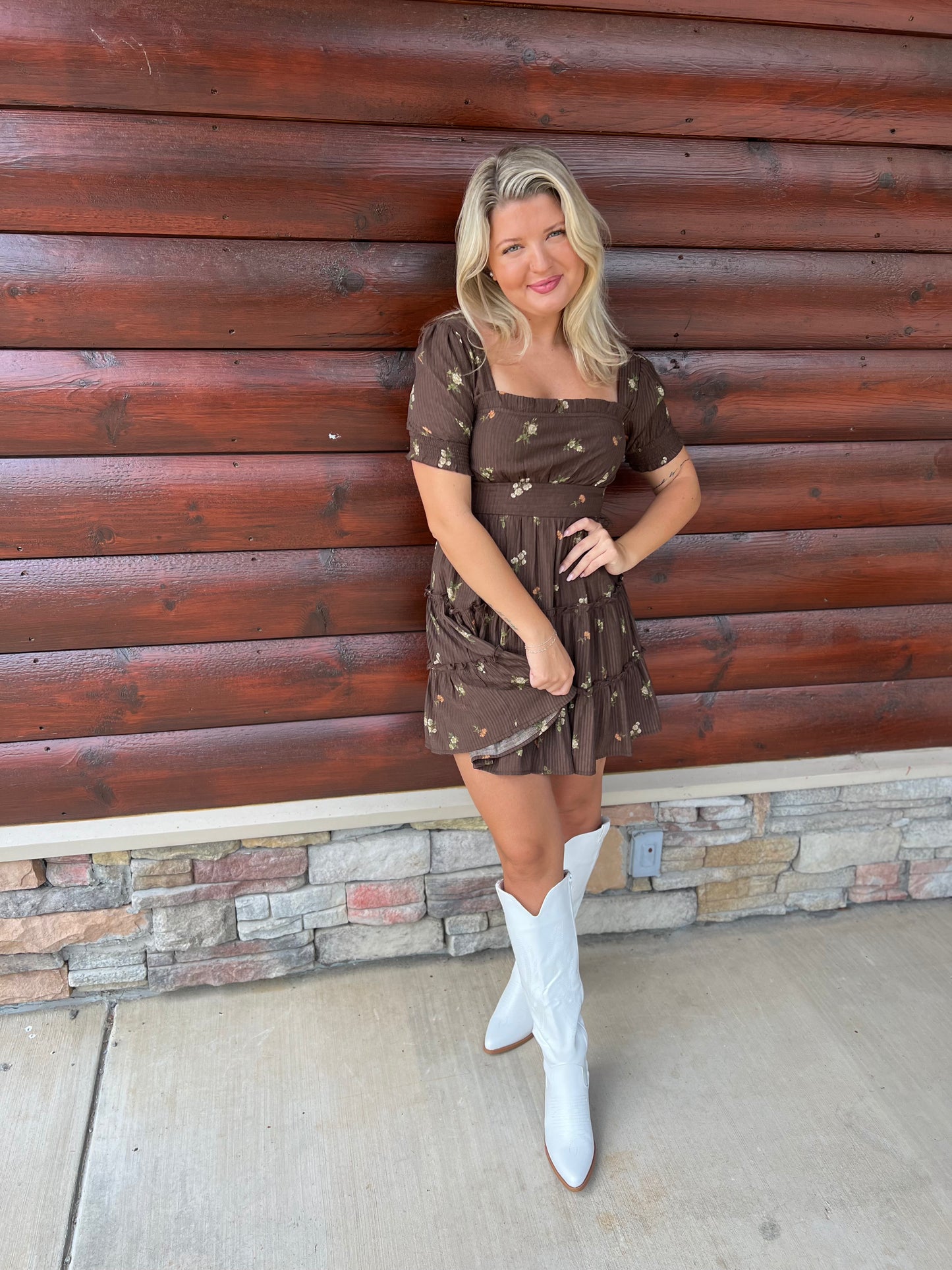 Brown Floral Tiered Mini Dress