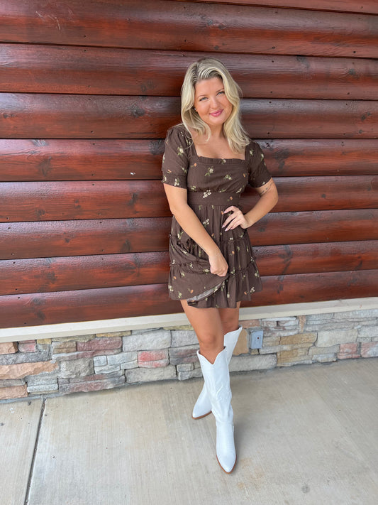 Brown Floral Tiered Mini Dress