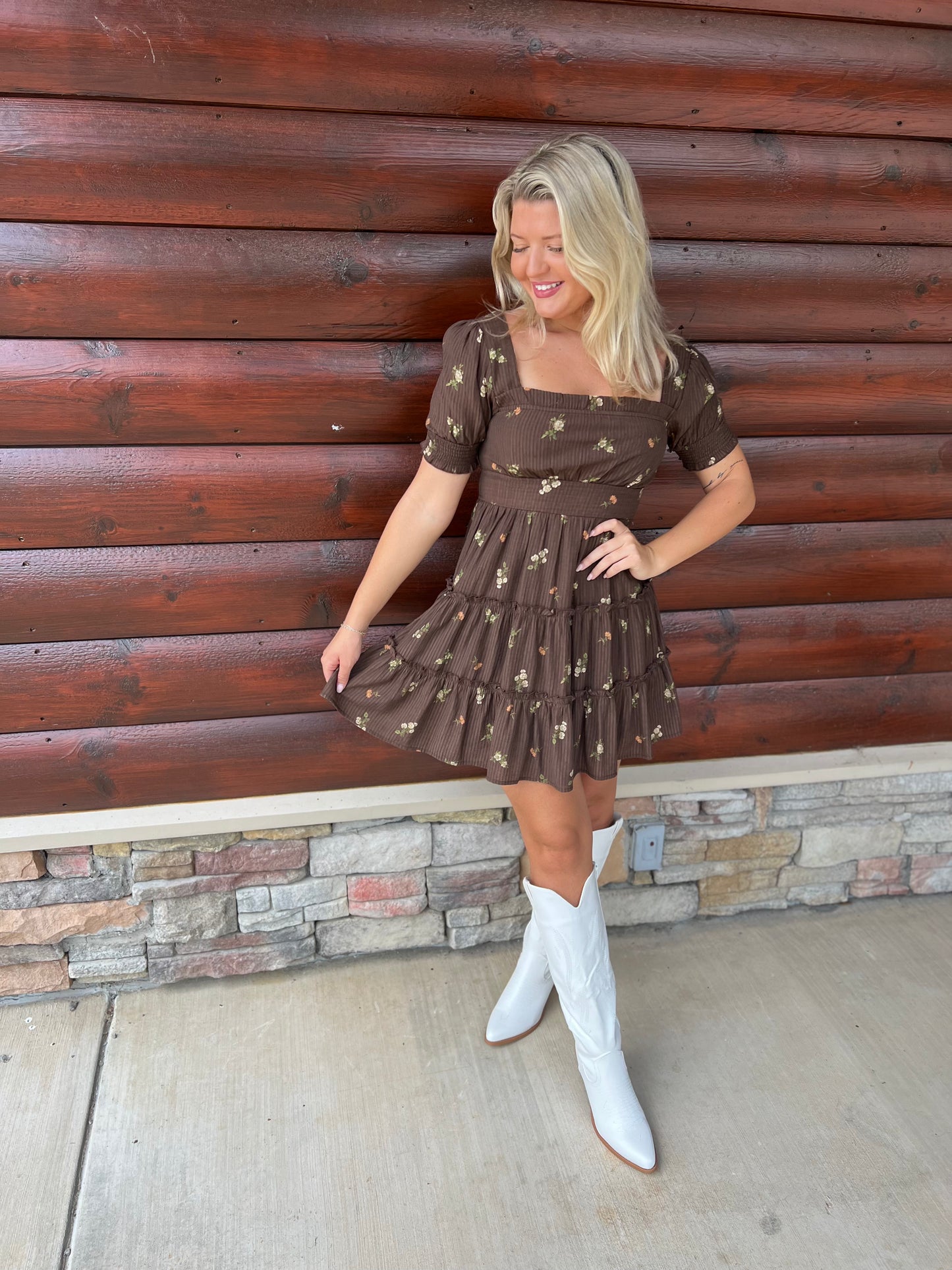 Brown Floral Tiered Mini Dress