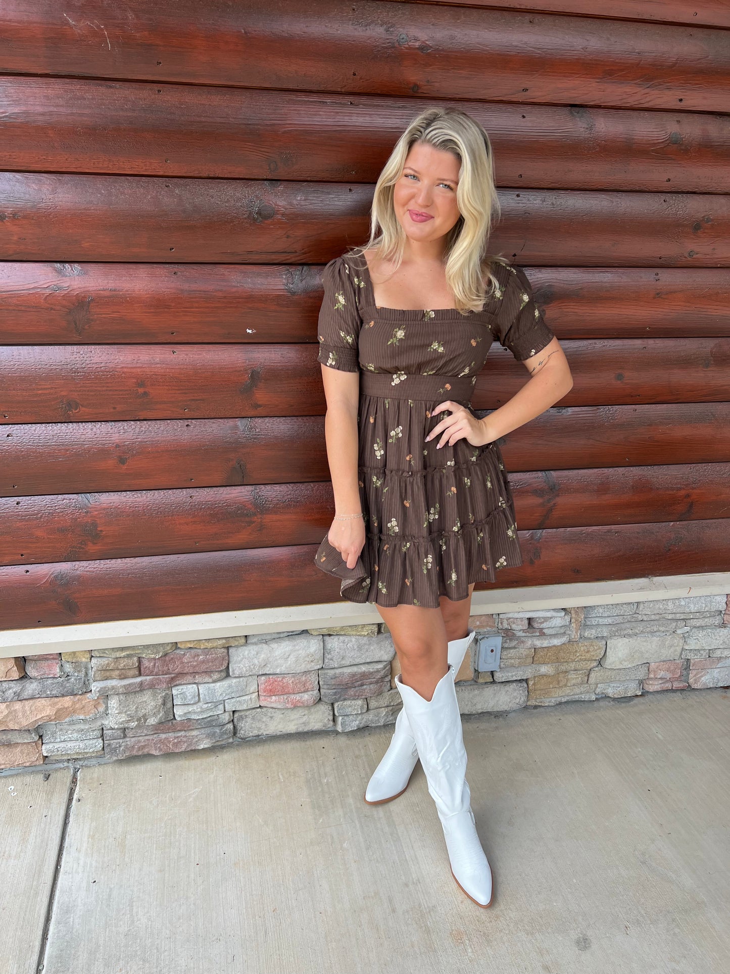 Brown Floral Tiered Mini Dress