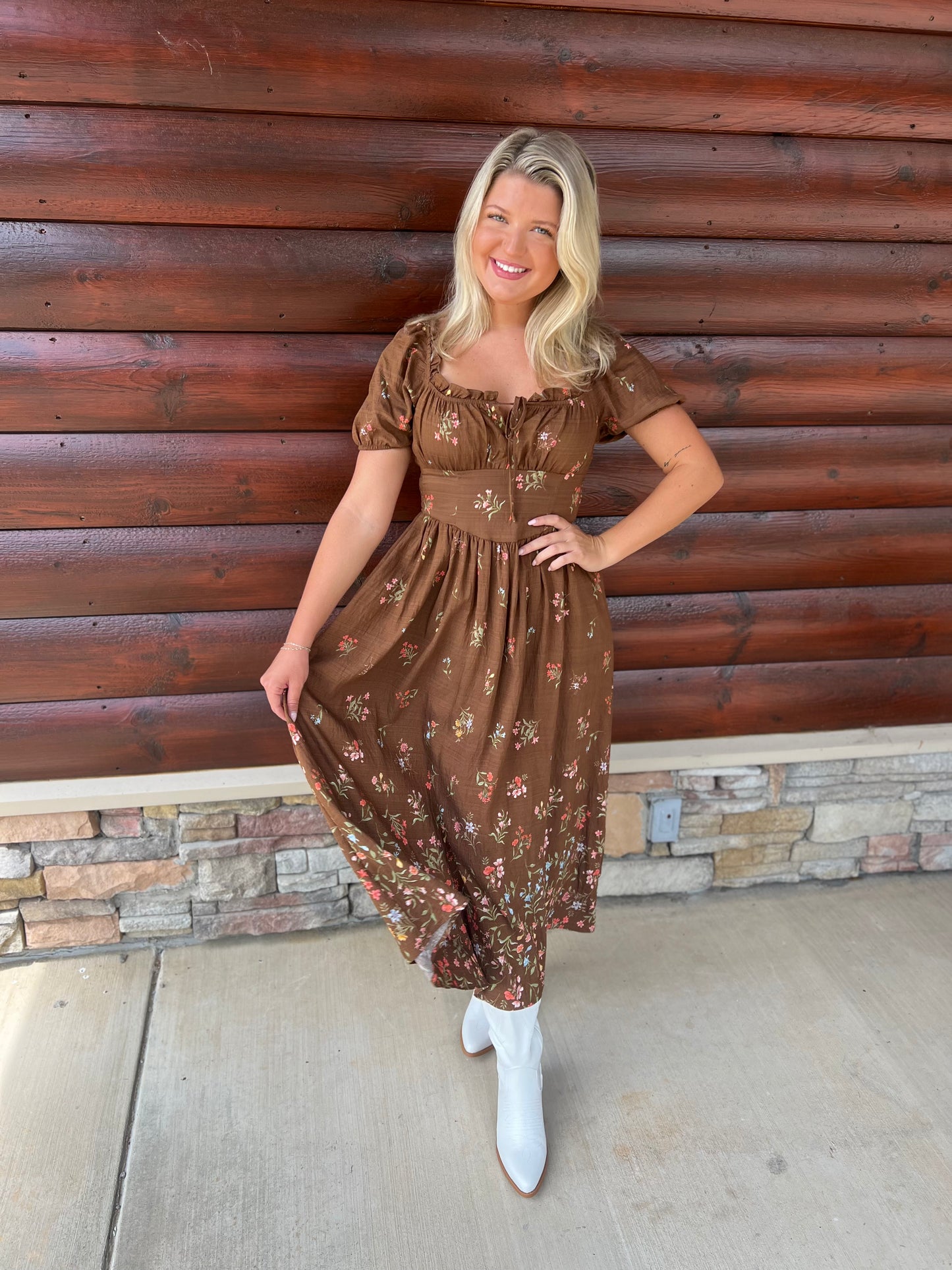 Falling Floral Puff Sleeve Corset Midi