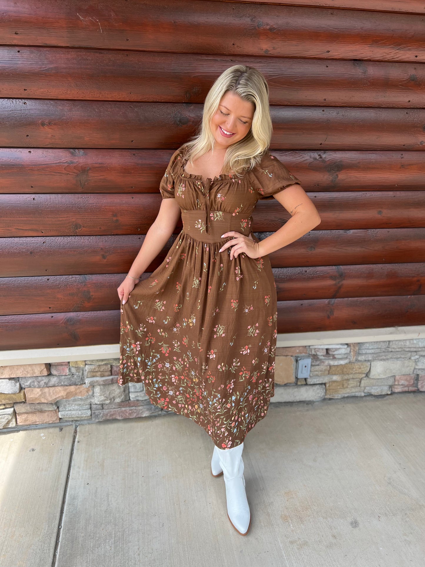 Falling Floral Puff Sleeve Corset Midi