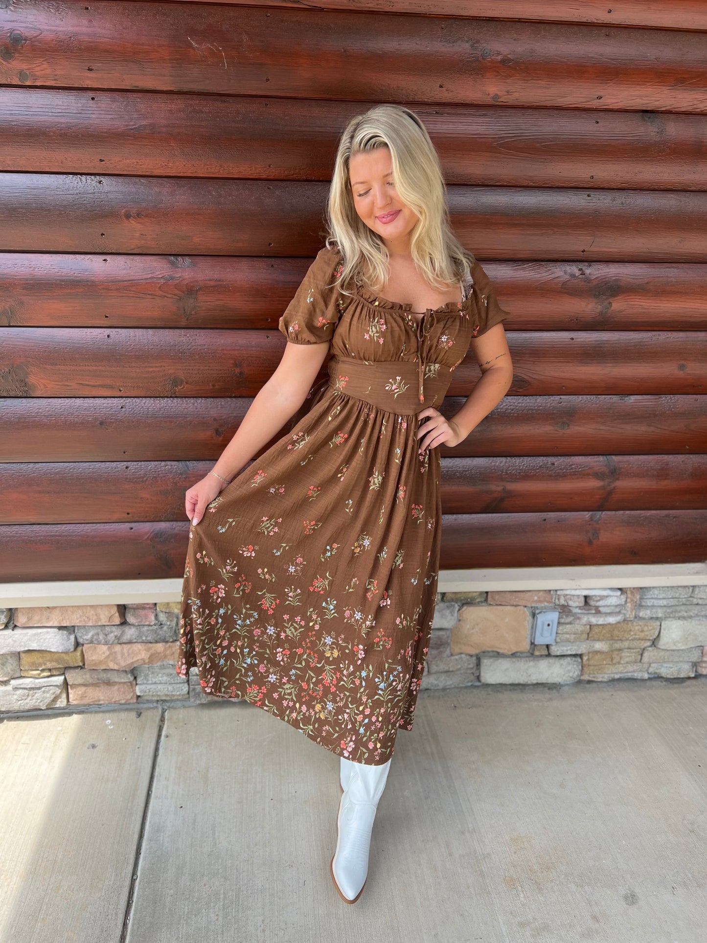 Falling Floral Puff Sleeve Corset Midi