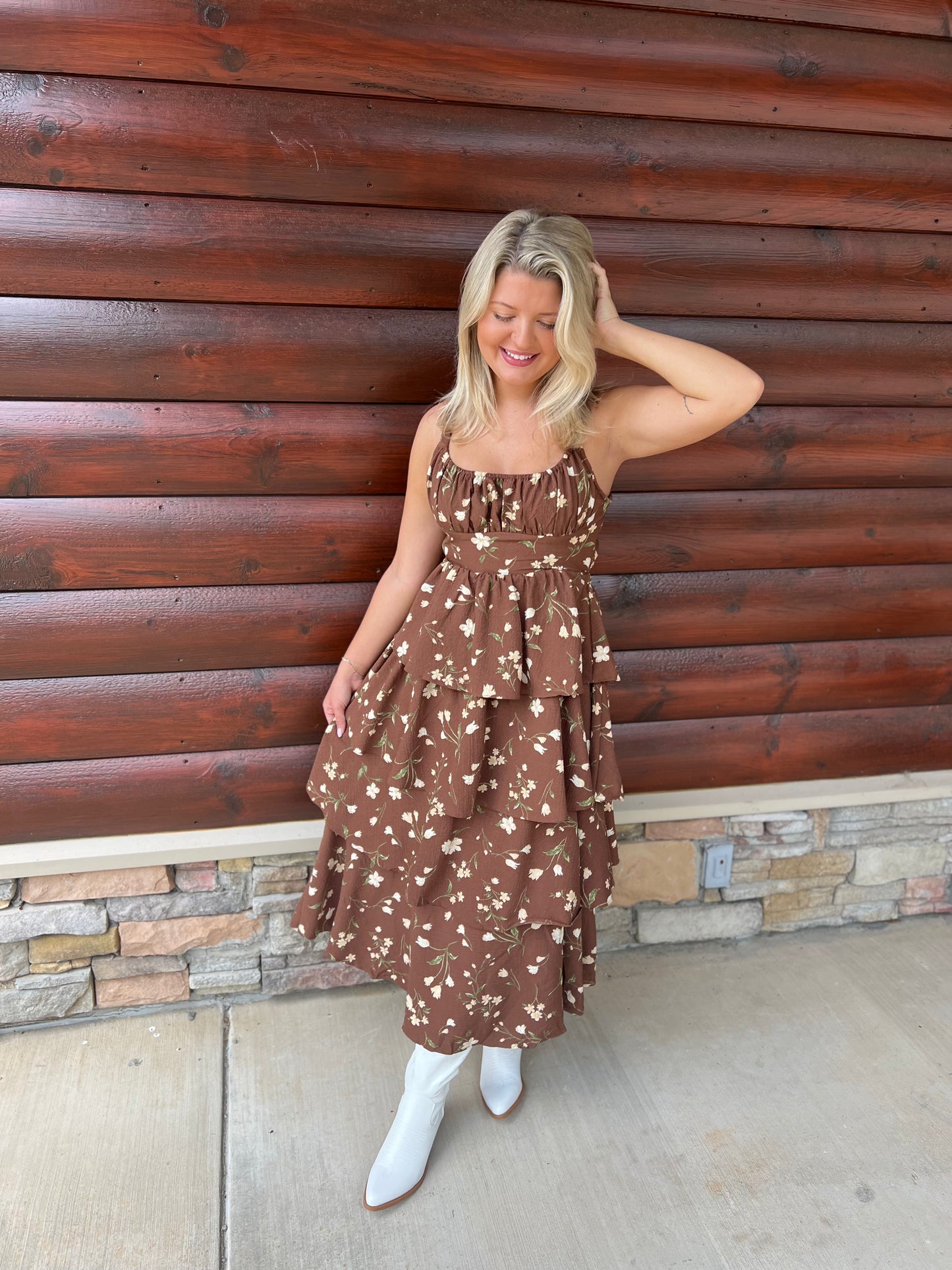 Floral Ruffle Tiered Back Tie Midi