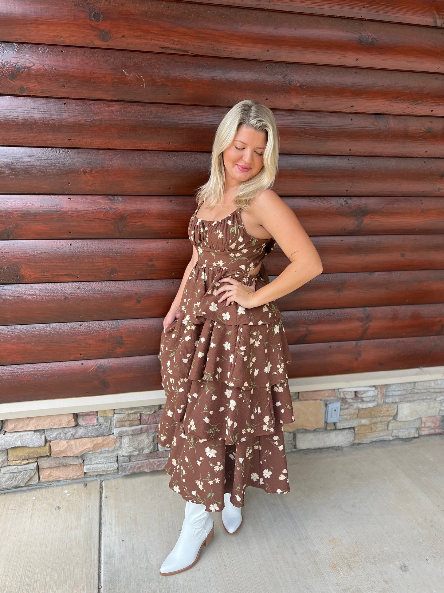Floral Ruffle Tiered Back Tie Midi
