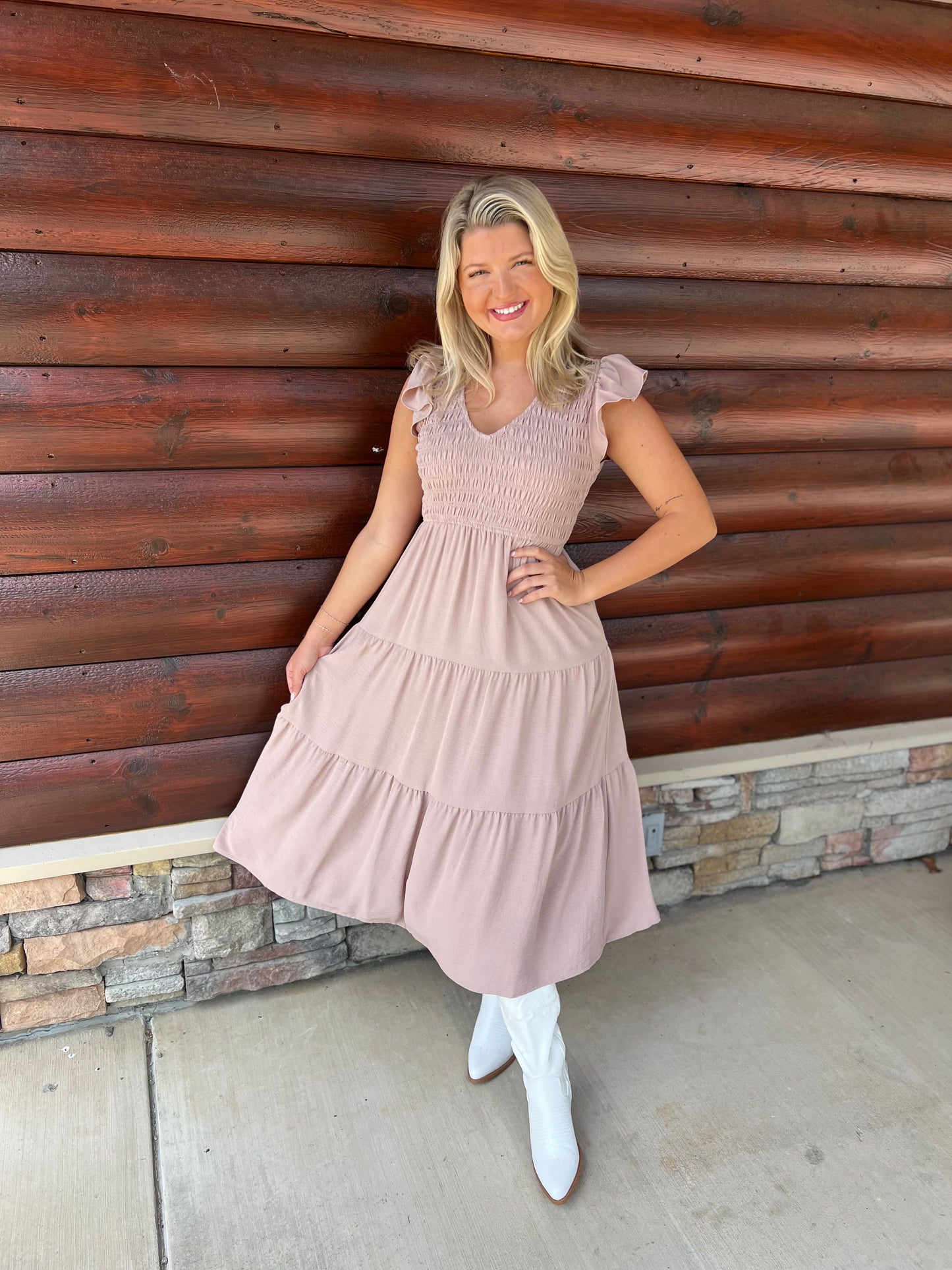 Smocked Vneck Midi Dress