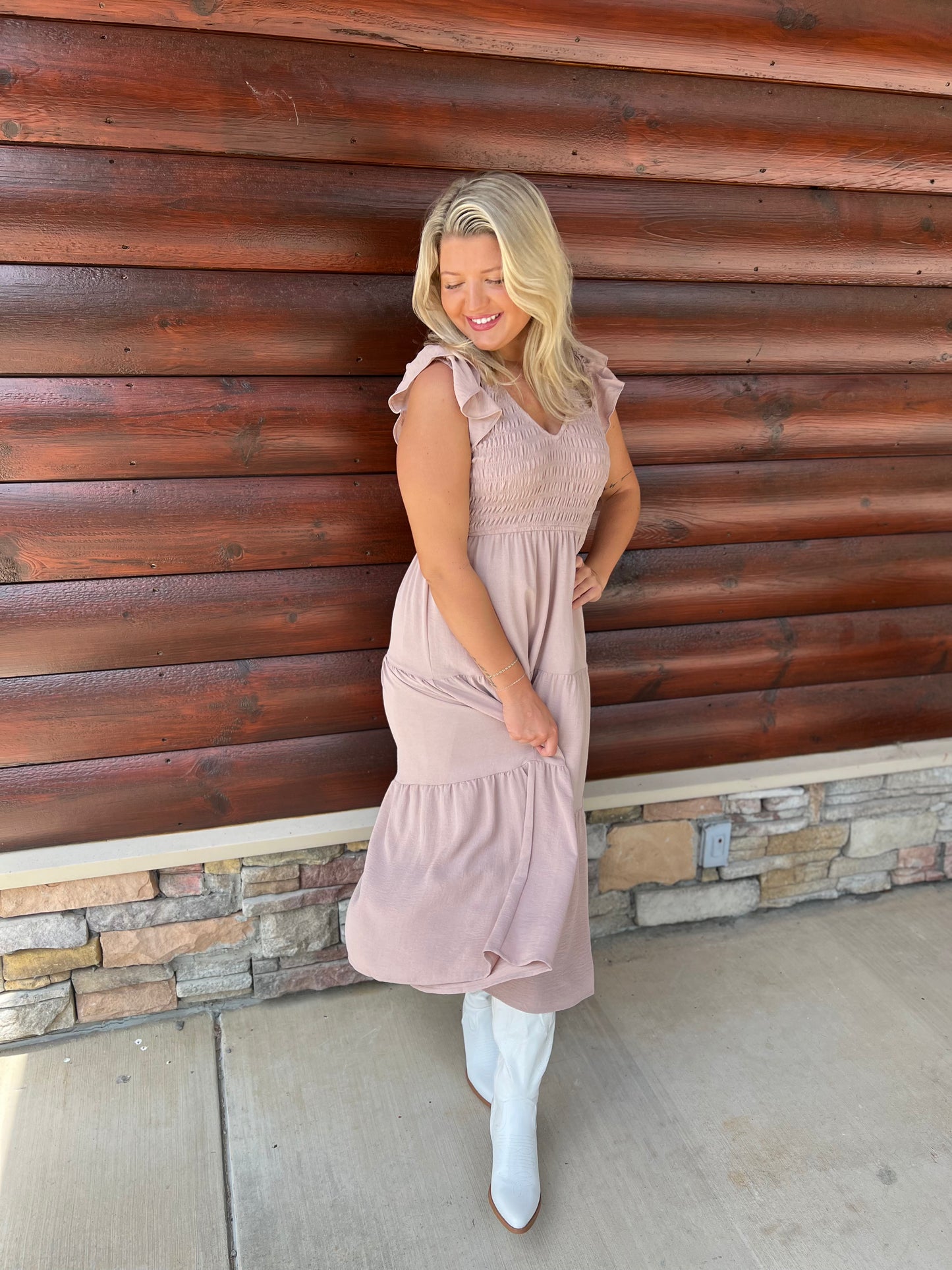 Smocked Vneck Midi Dress