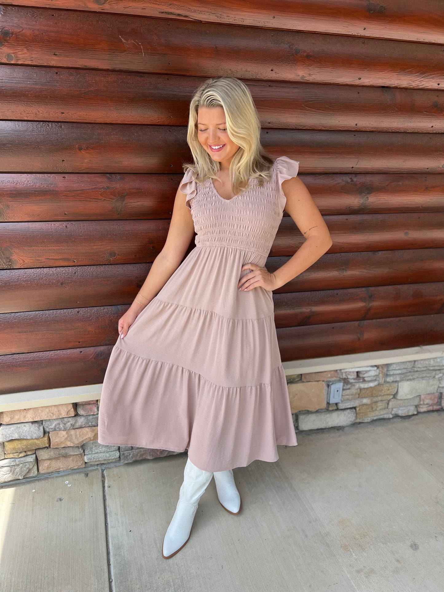 Smocked Vneck Midi Dress