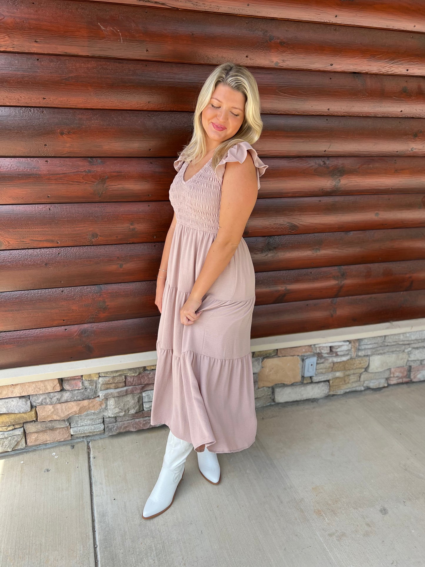 Smocked Vneck Midi Dress