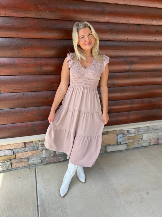 Smocked Vneck Midi Dress