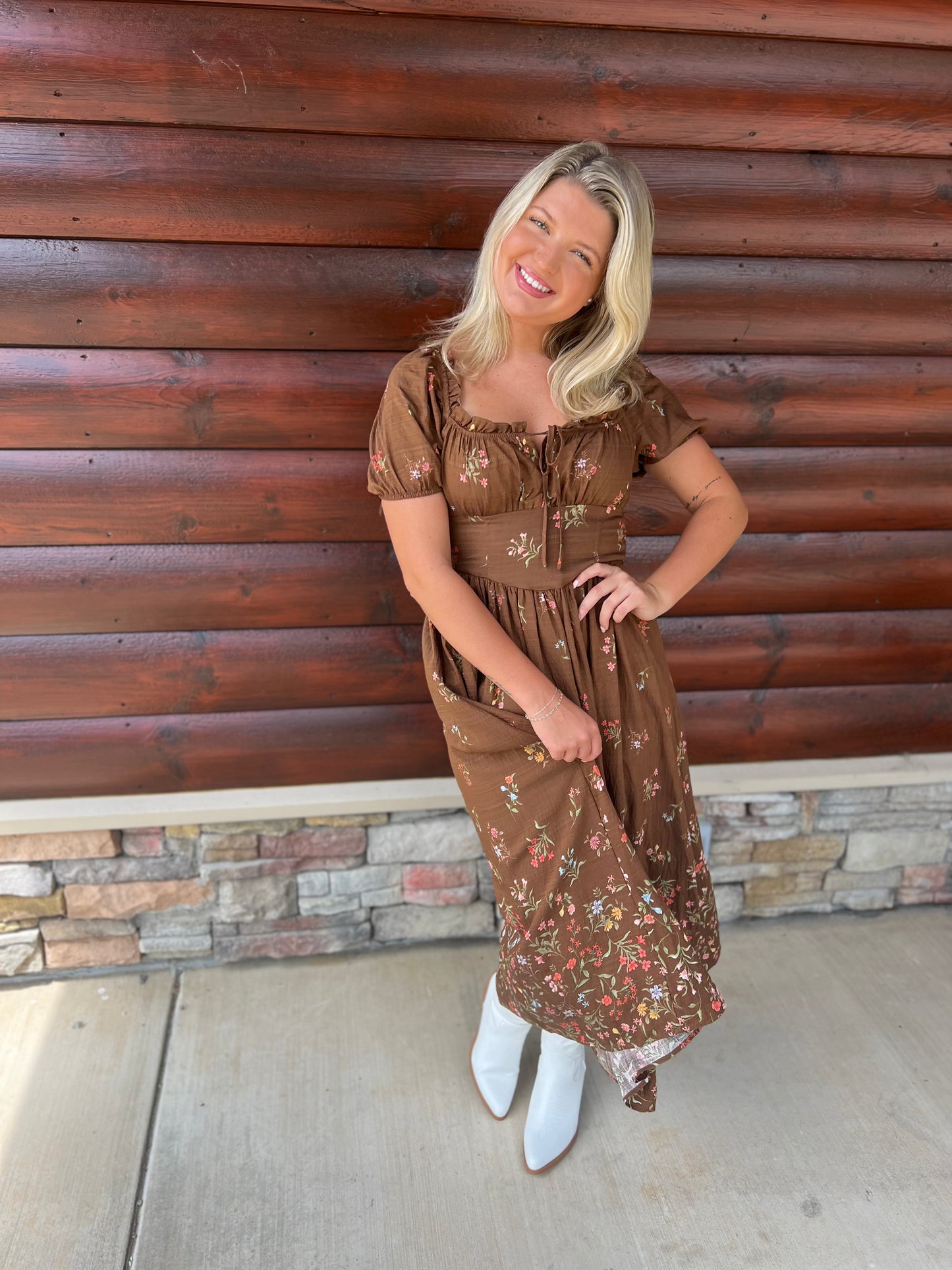 Falling Floral Puff Sleeve Corset Midi