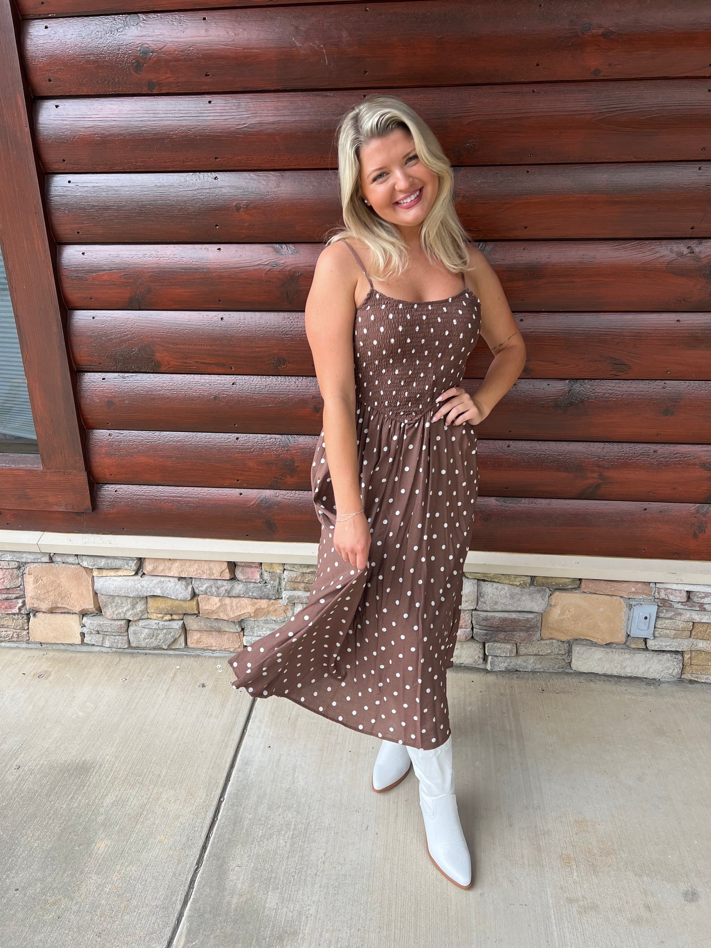 Polka Dot Smocked Basque Waist Midi