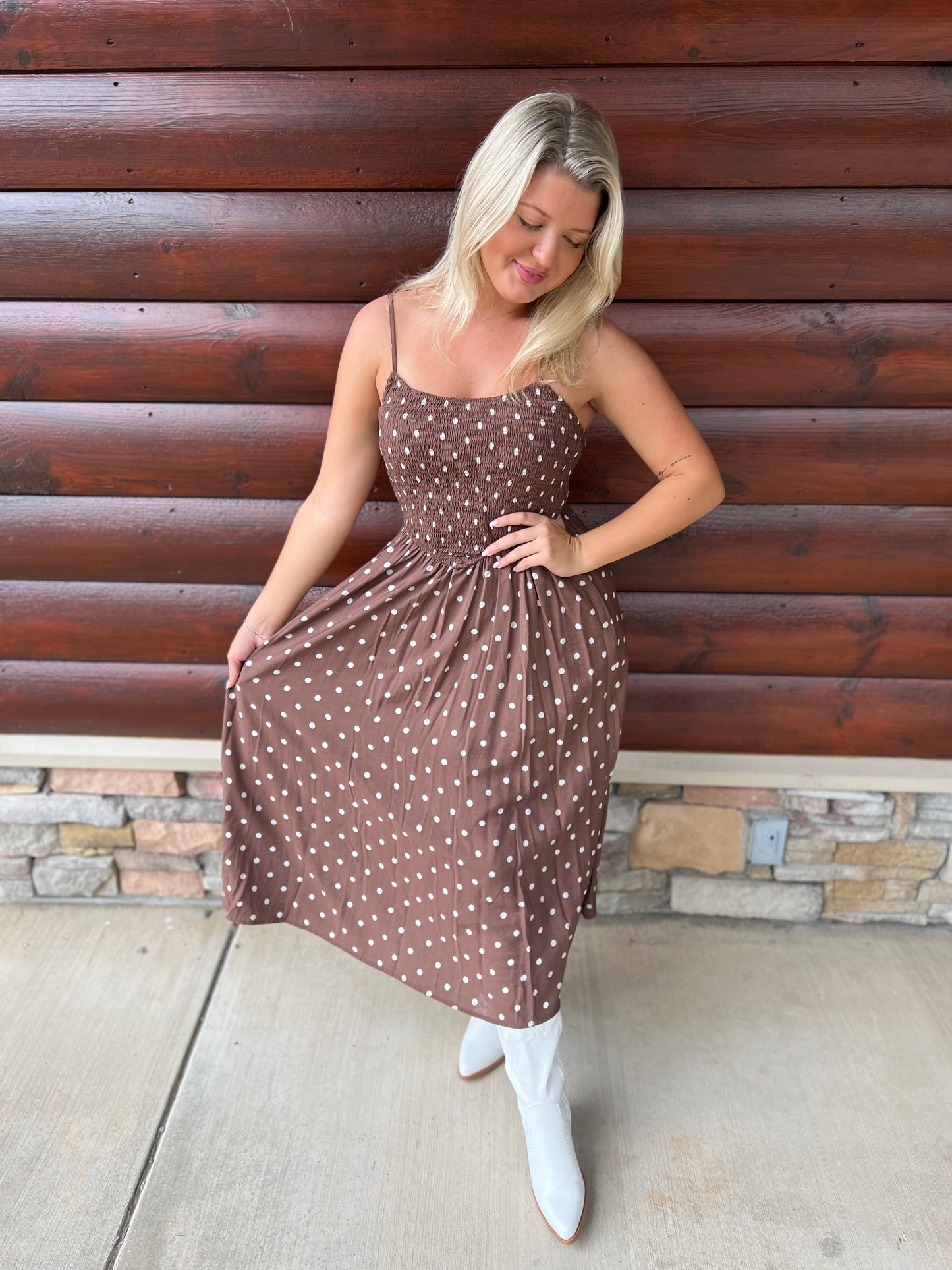 Polka Dot Smocked Basque Waist Midi