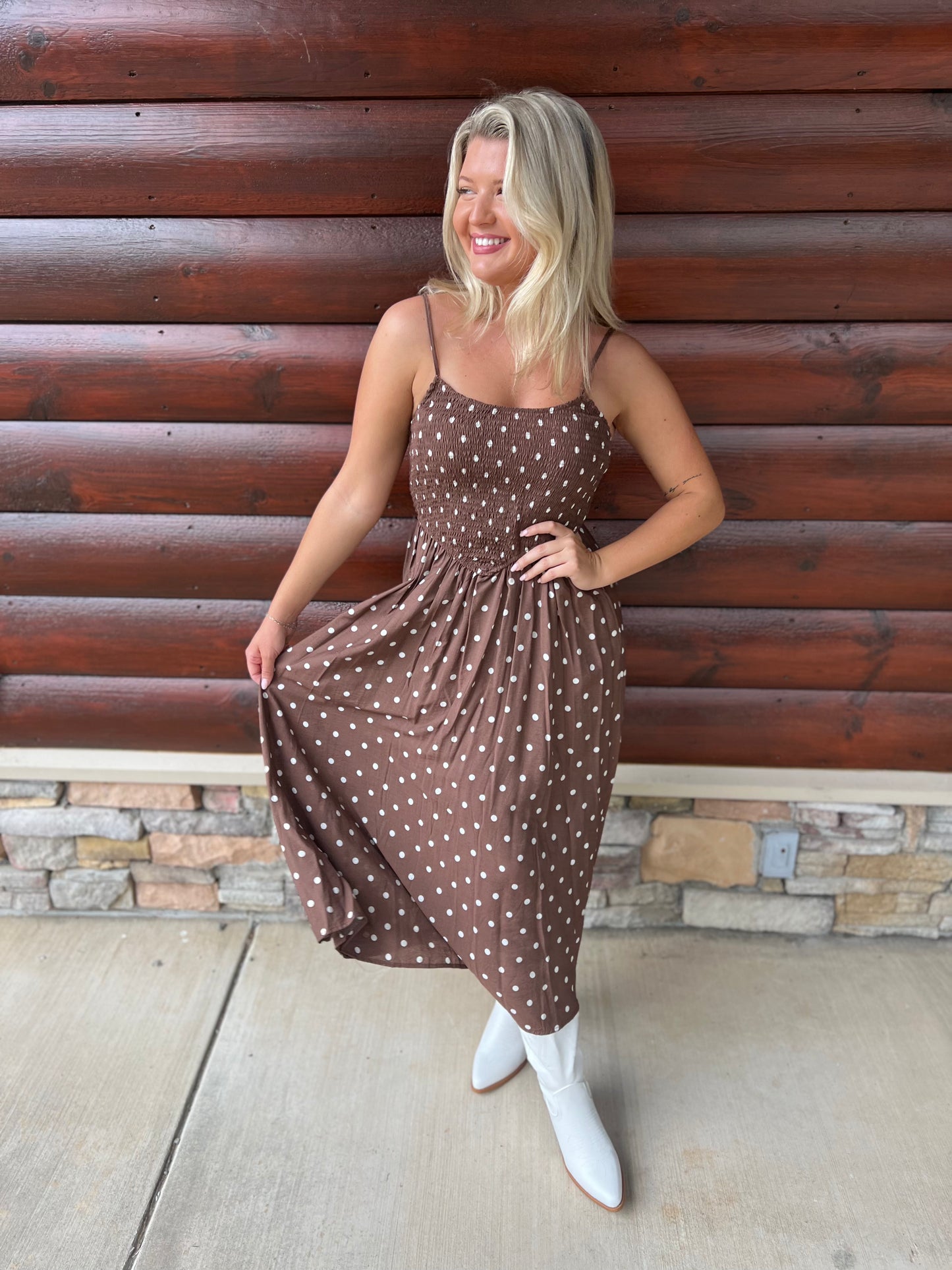 Polka Dot Smocked Basque Waist Midi