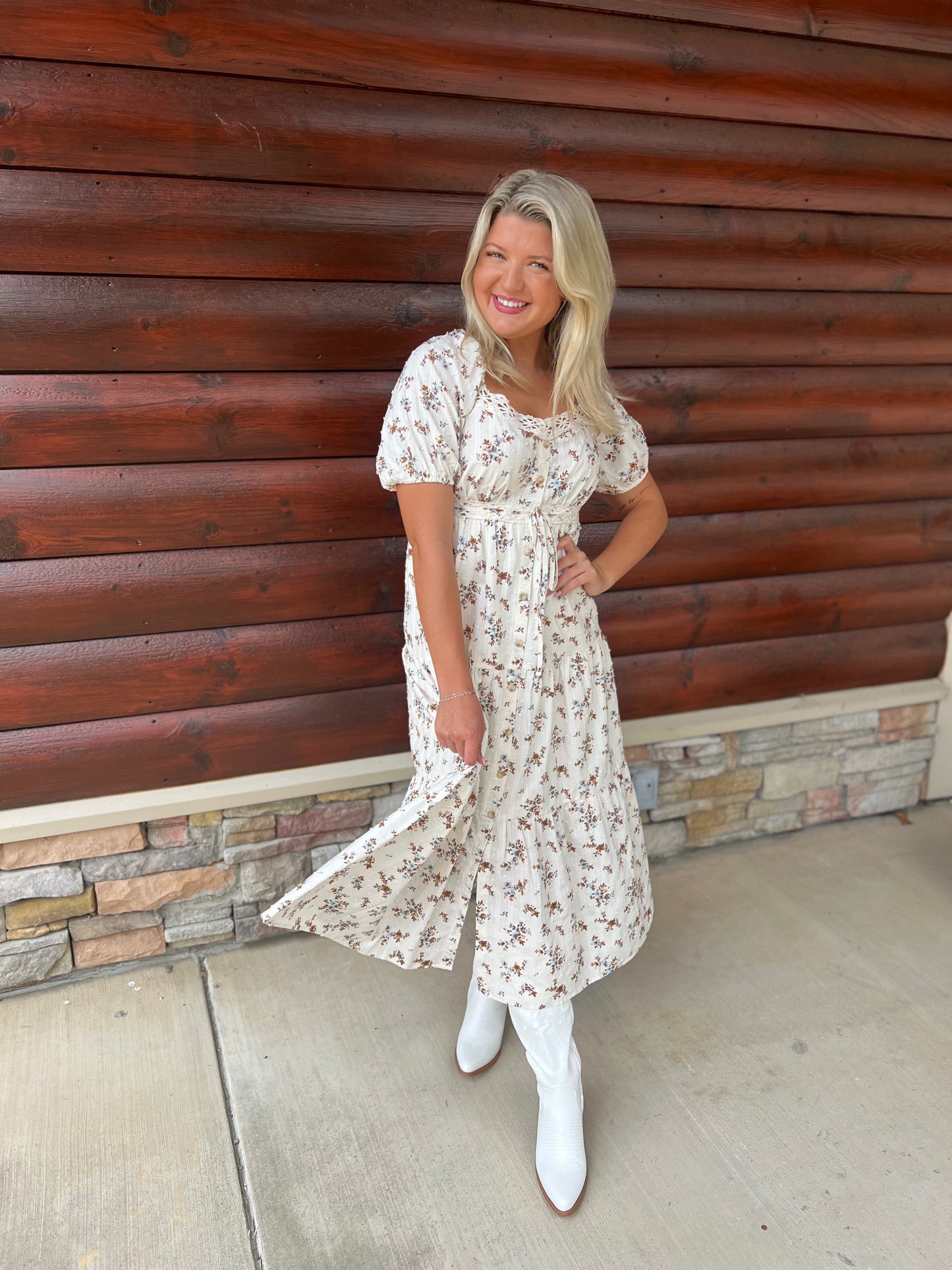 Floral Clip Dot Lace Trim Midi