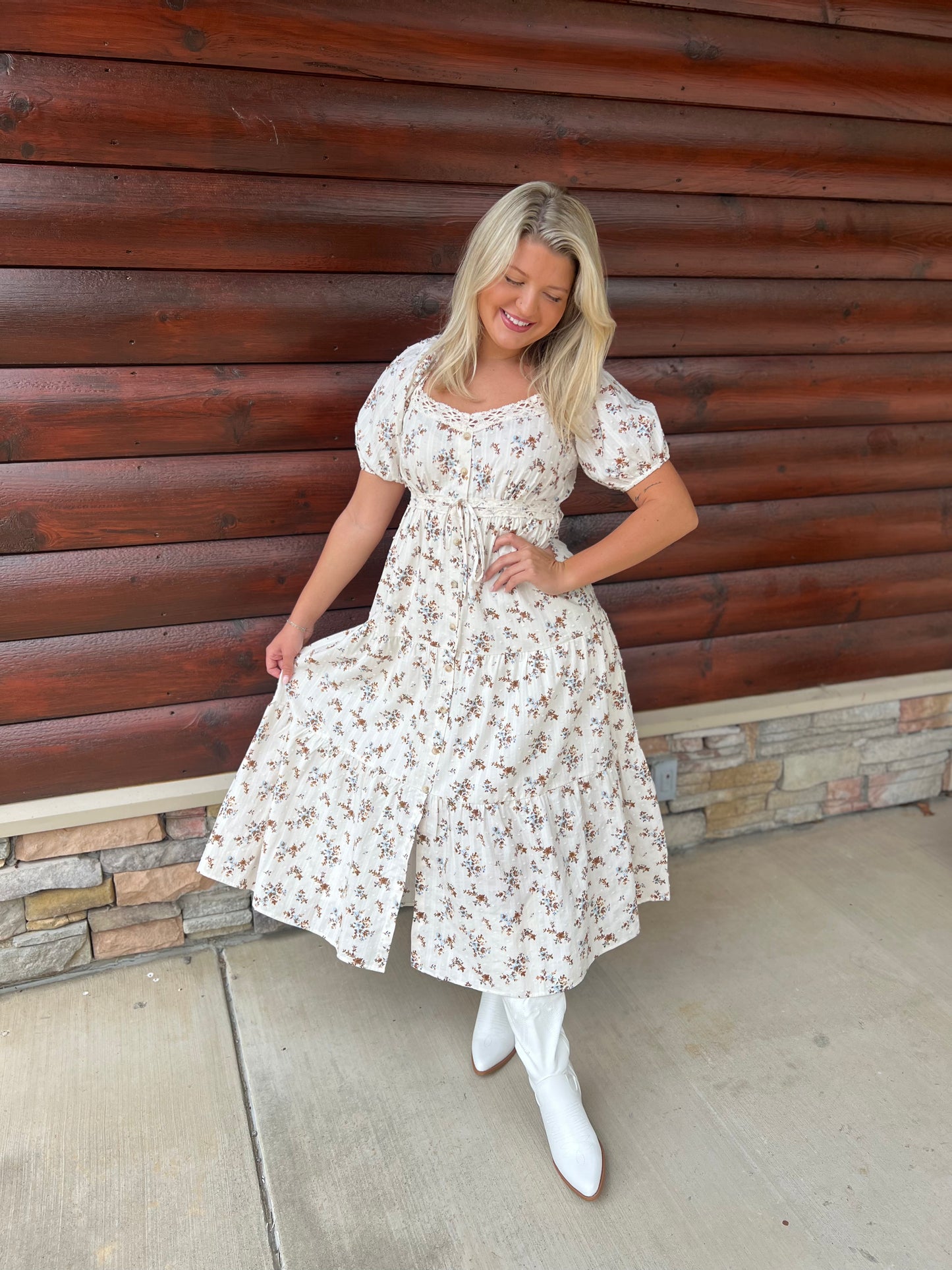 Floral Clip Dot Lace Trim Midi