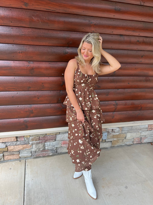 Floral Ruffle Tiered Back Tie Midi