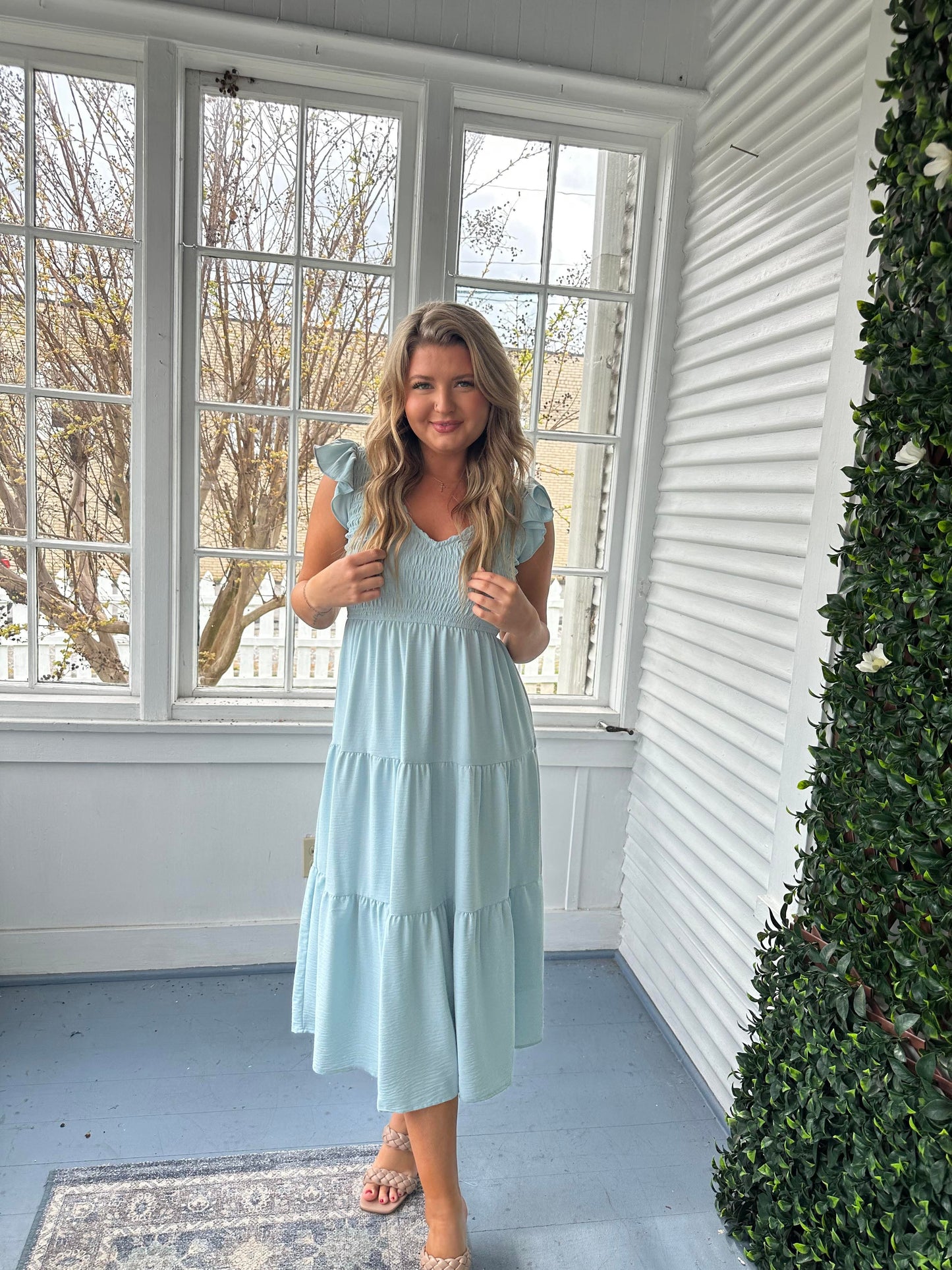 Smocked Vneck Midi Dress