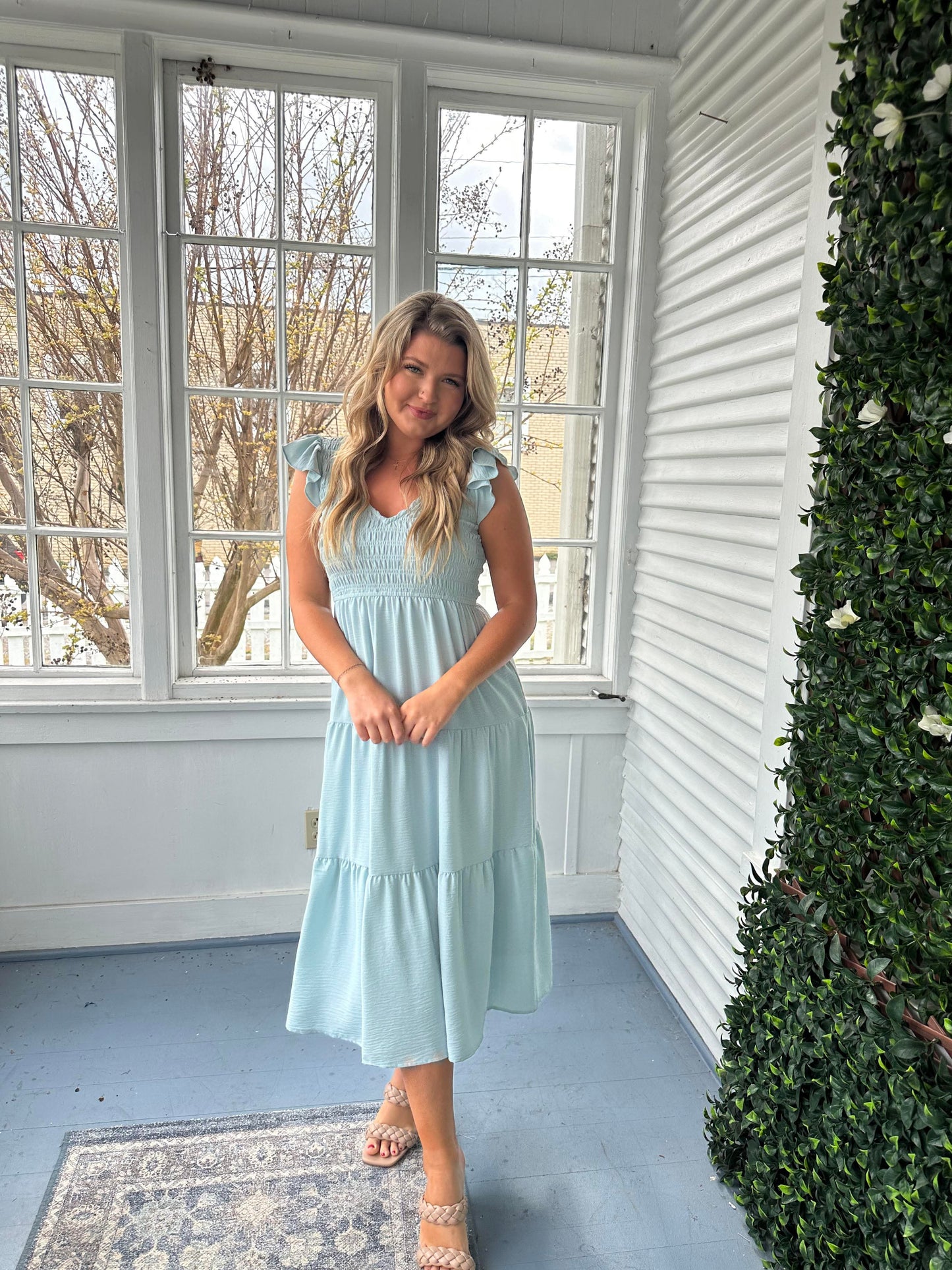 Smocked Vneck Midi Dress