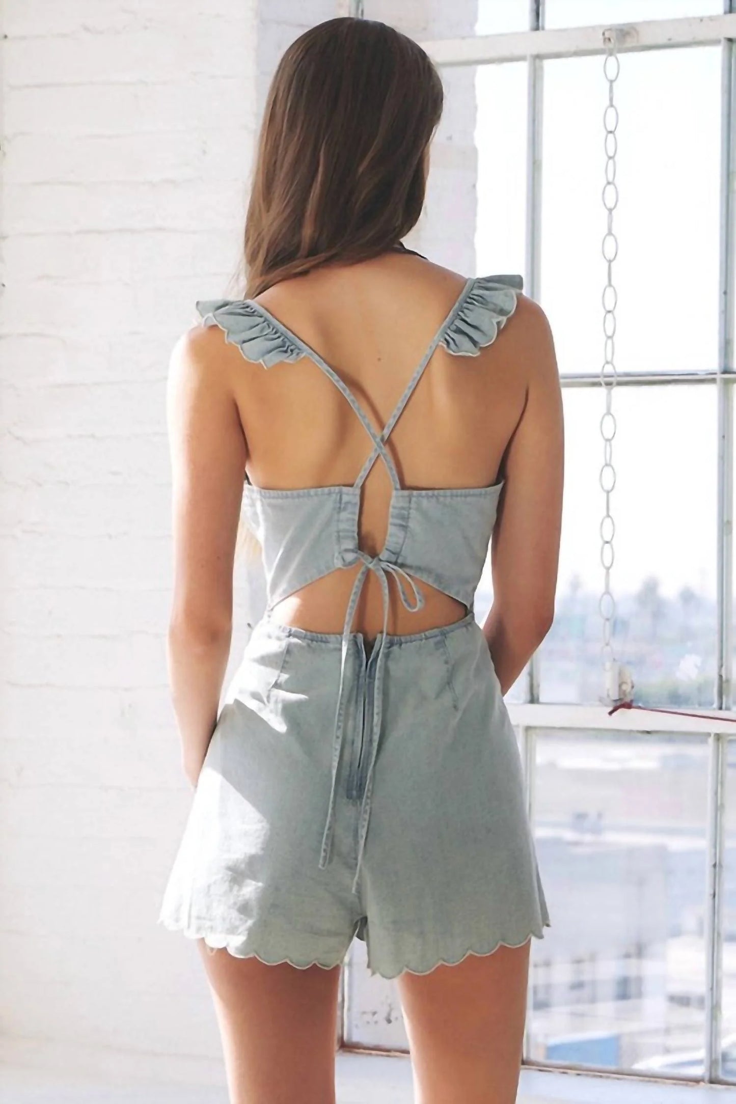 Denim Scallop Hem Open-Back Romper