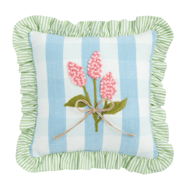 Blue Checkered Embroidered Floral Pillow