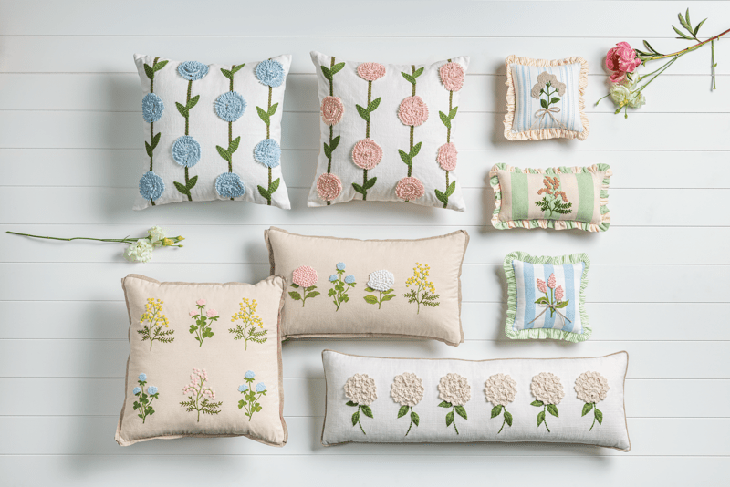 Blue Checkered Embroidered Floral Pillow