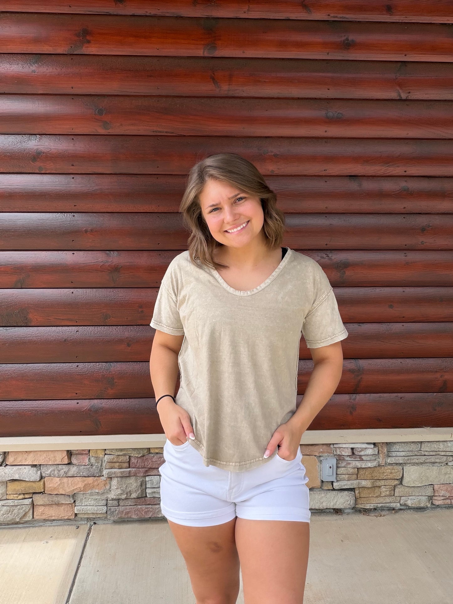 Washed Scoop Neck Raw Edge SS Top
