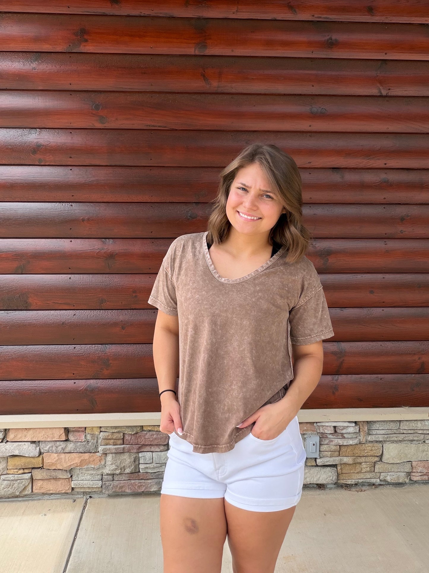 Washed Scoop Neck Raw Edge SS Top
