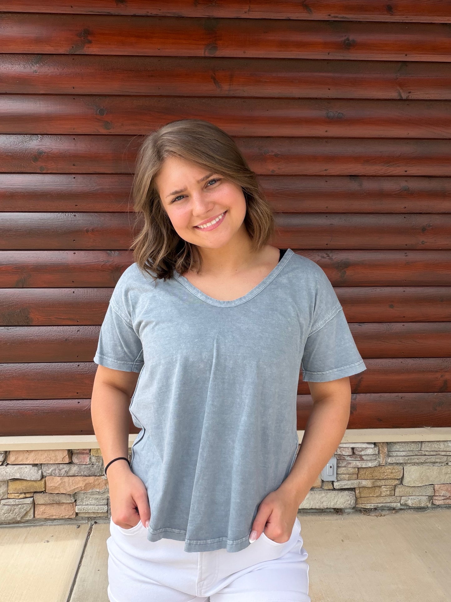 Washed Scoop Neck Raw Edge SS Top