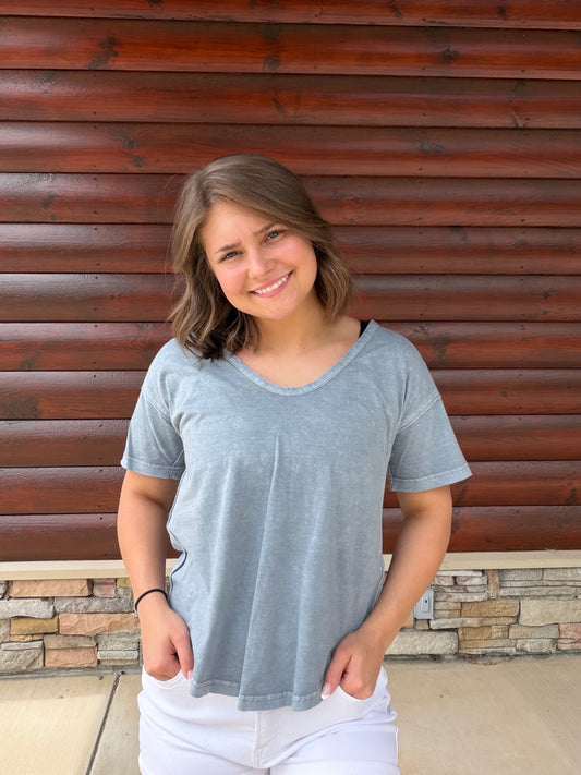 Washed Scoop Neck Raw Edge SS Top