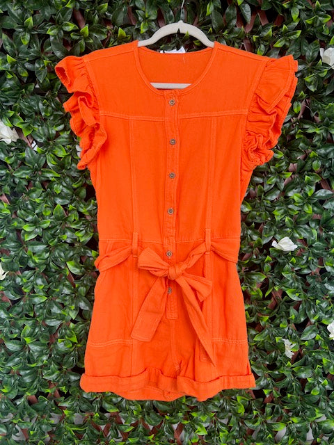 Orange Belted Denim Romper