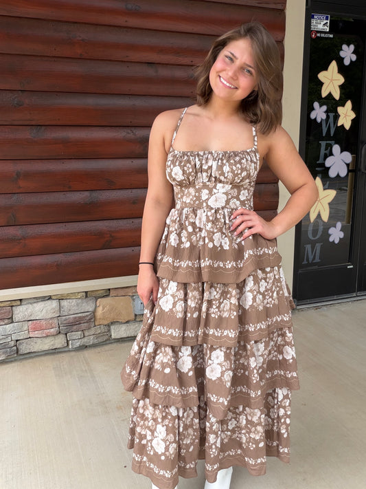 Brown Floral Tiered Midi