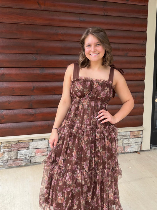Floral Mesh Overlay Tiered Midi