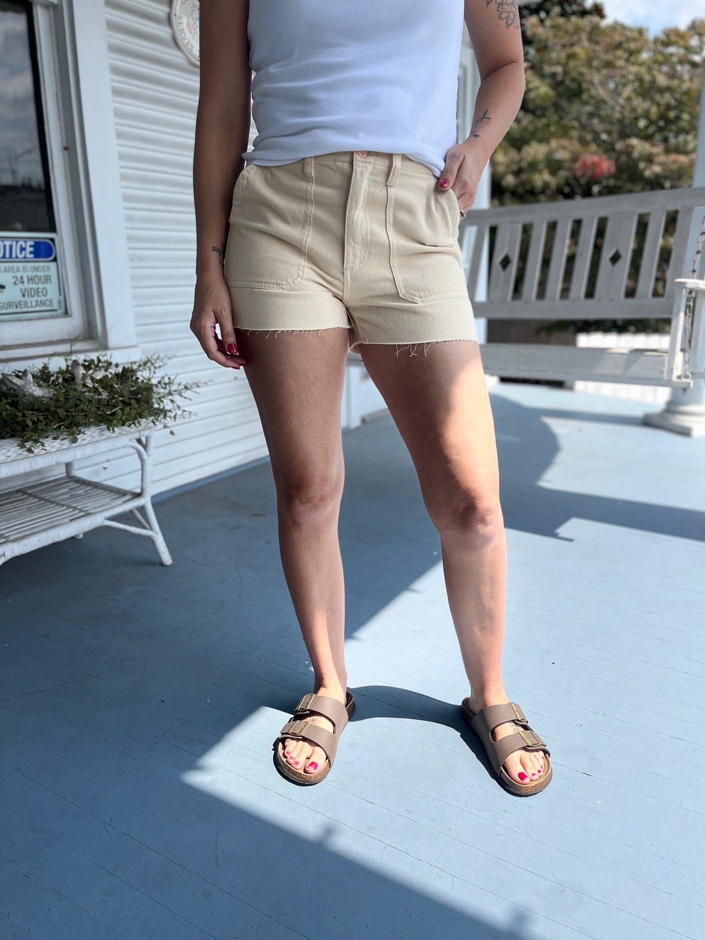 Mid Rise Utility Denim Shorts