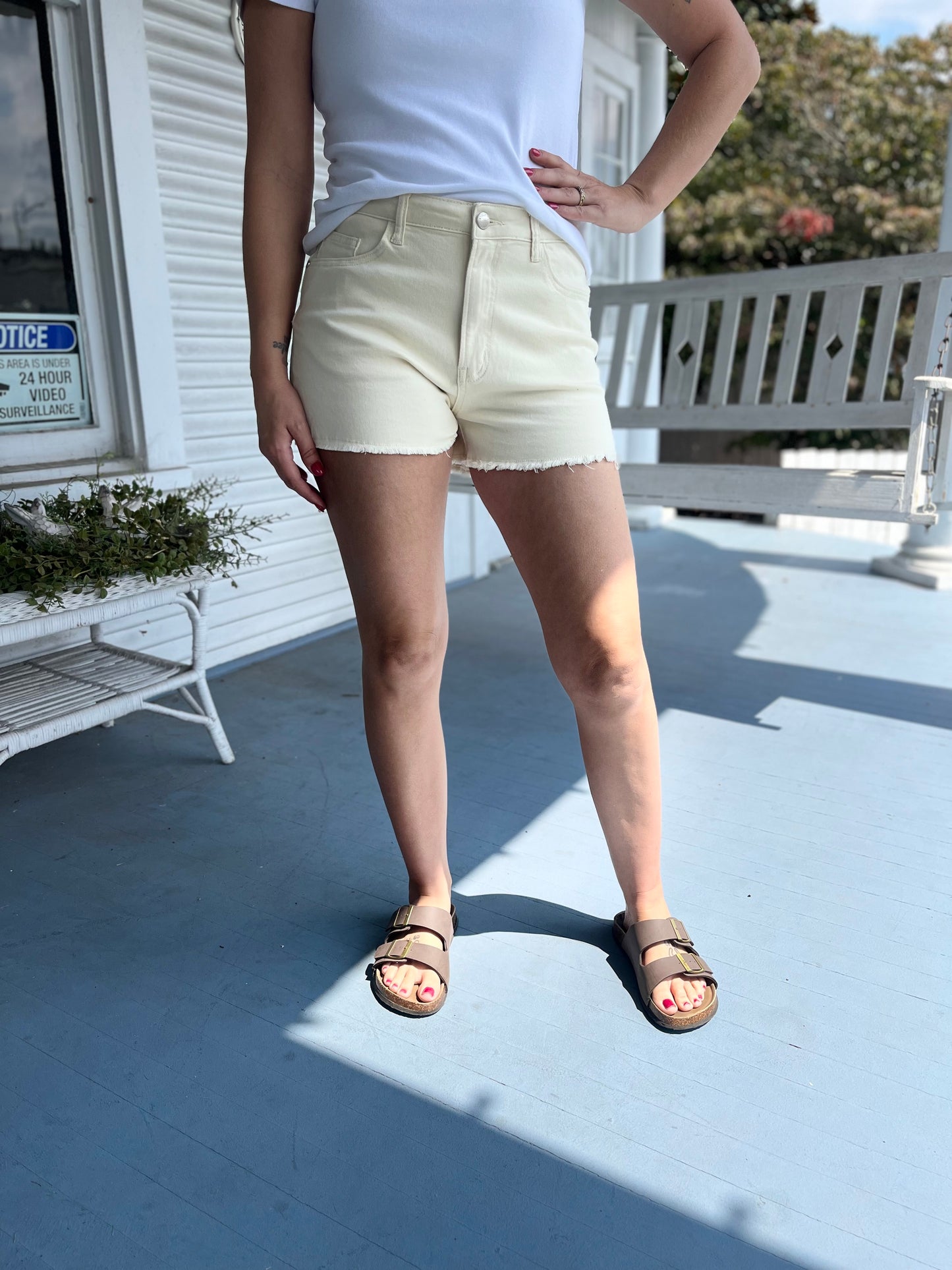 Frayed Hem Cream Denim Shorts