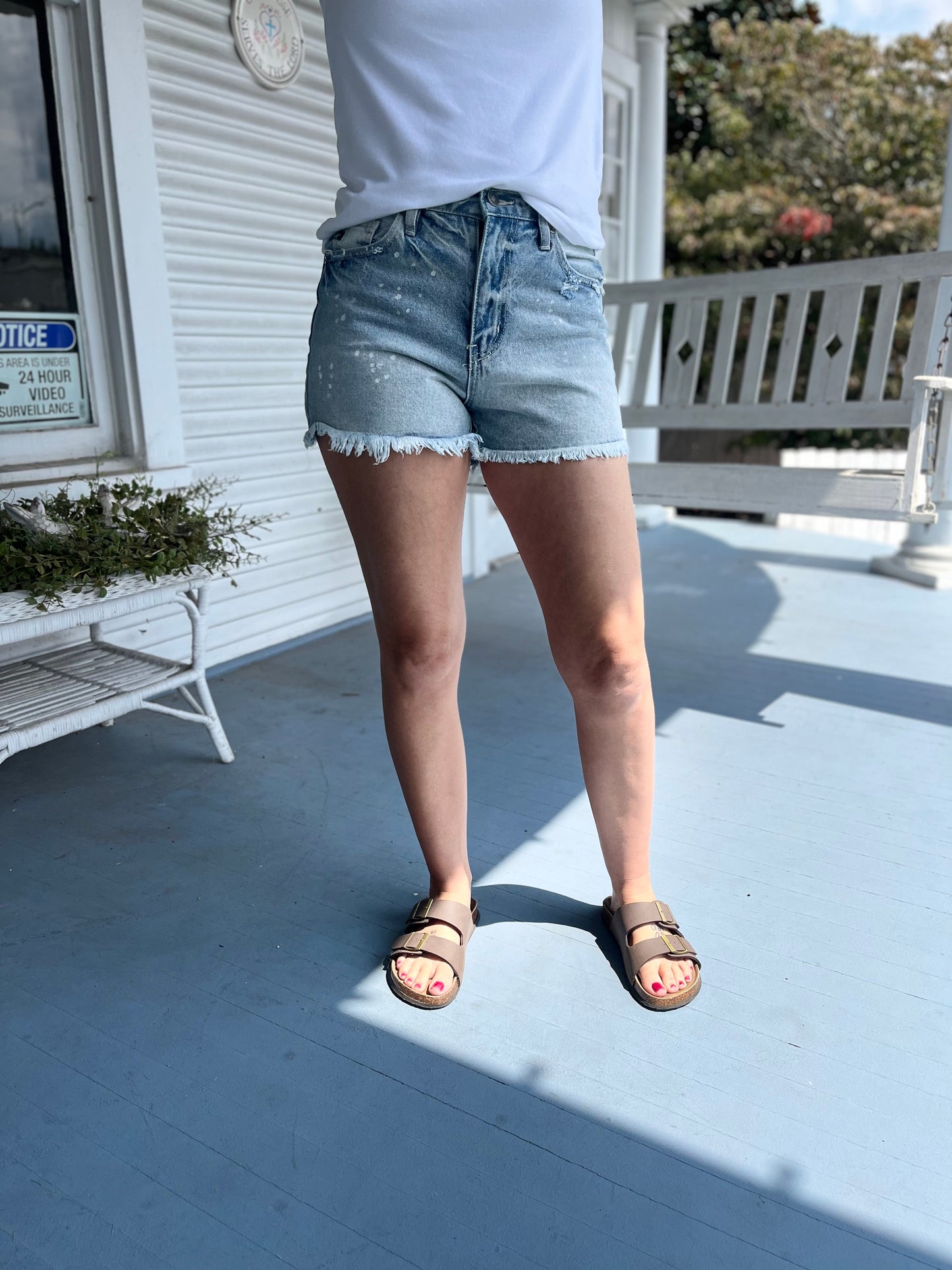 High Rise Frayed Hem Splatter Denim Shorts