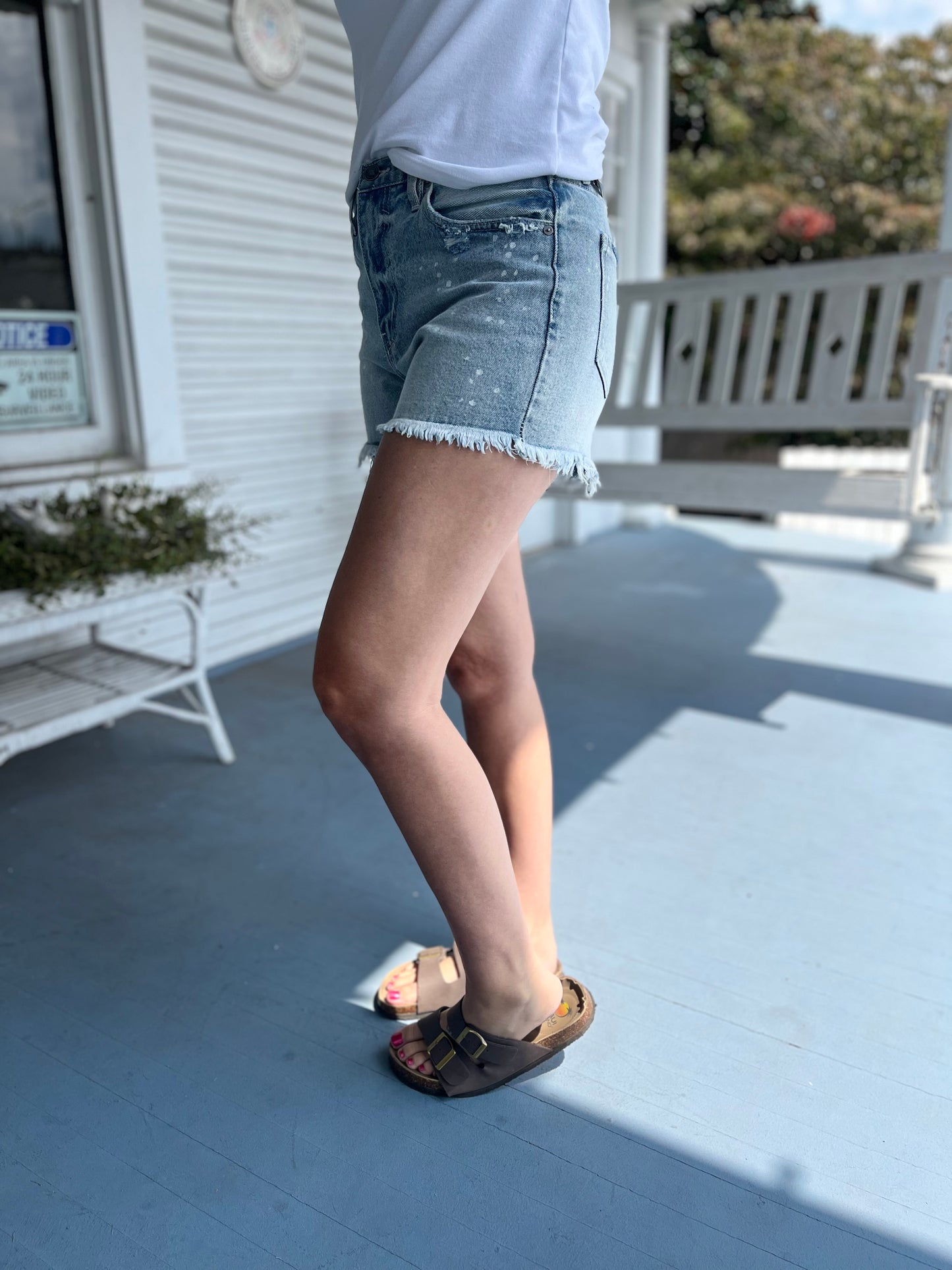 High Rise Frayed Hem Splatter Denim Shorts