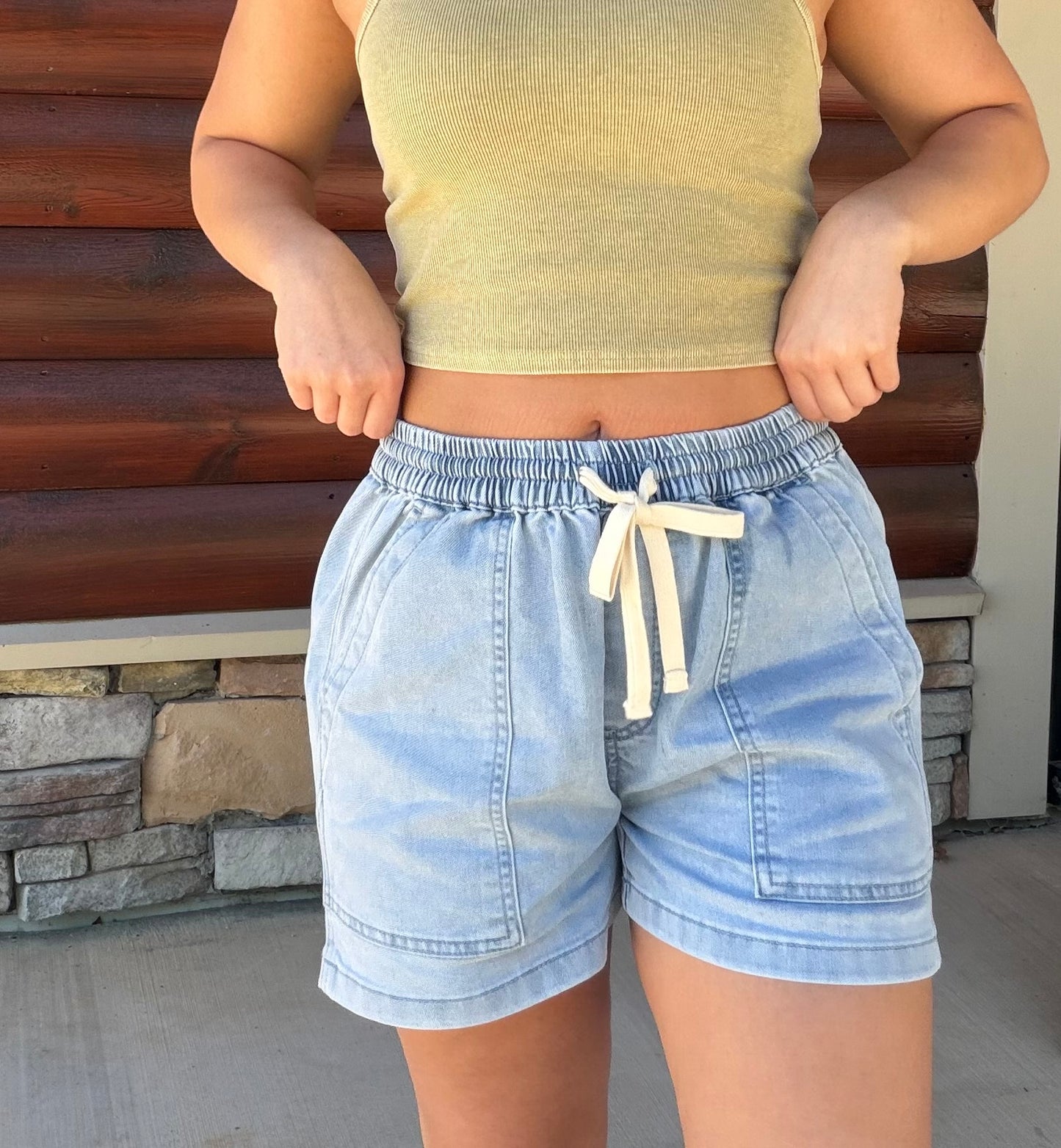 Elastic Waist Drawstring Denim Shorts