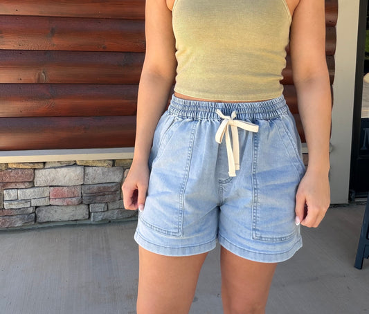 Elastic Waist Drawstring Denim Shorts