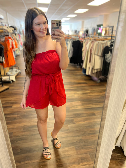 Red Shimmer Strapless Romper