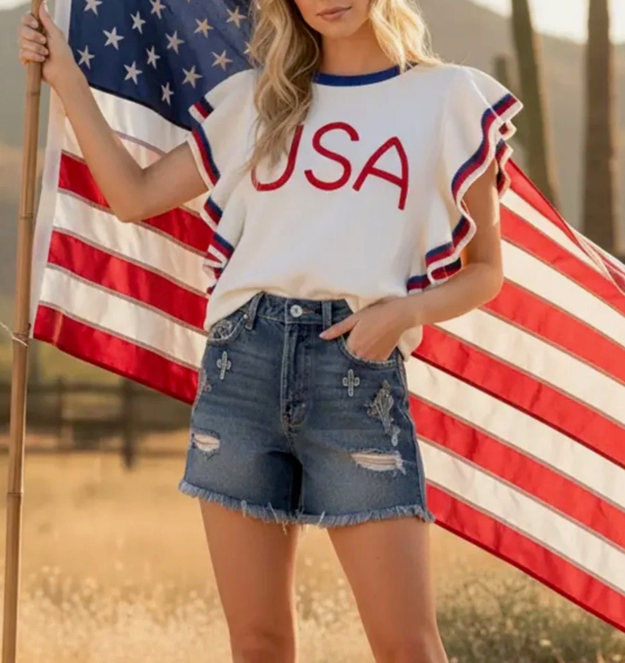 Ruffle Sleeve USA Sweater Top