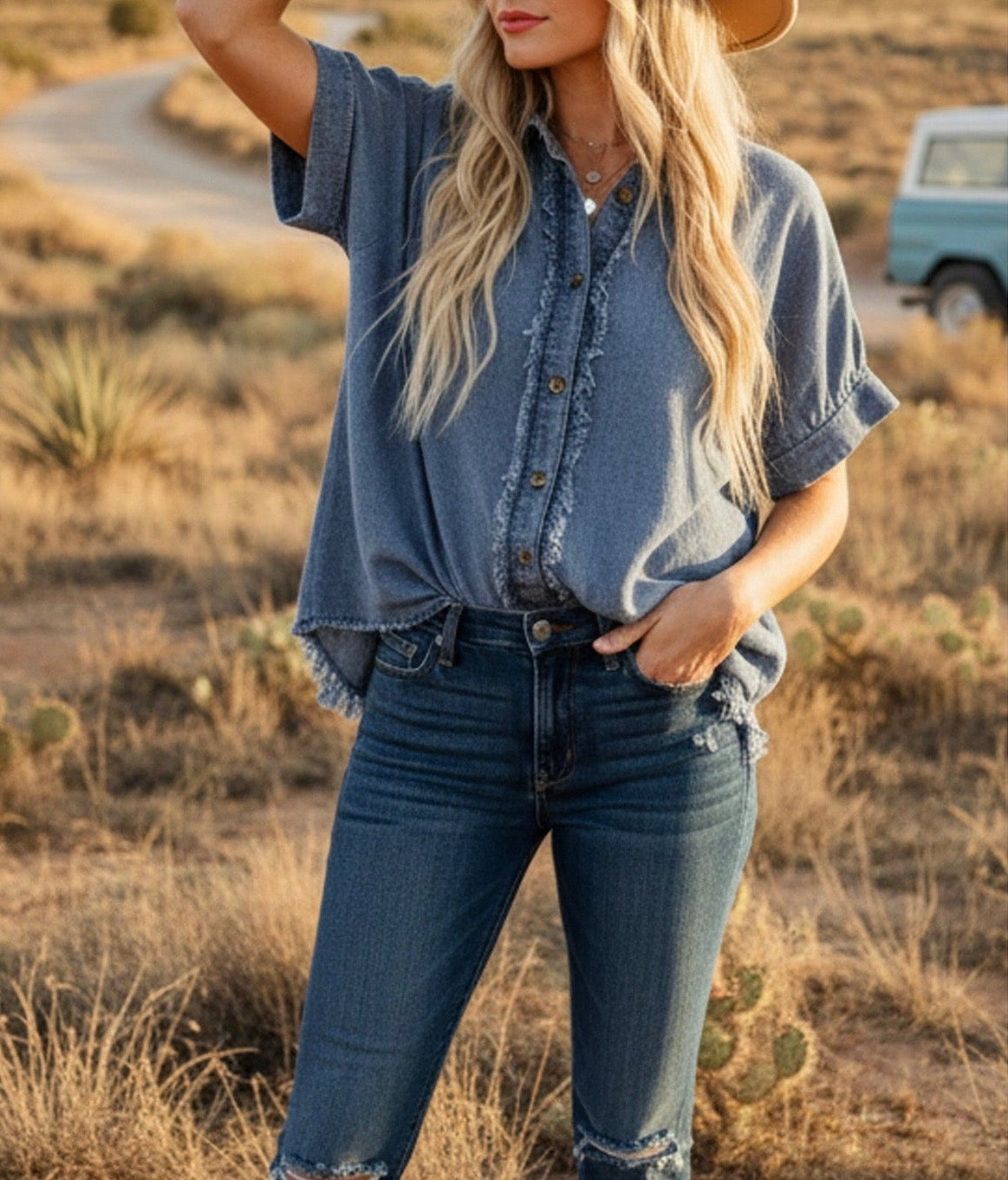 Frayed Denim Button Top