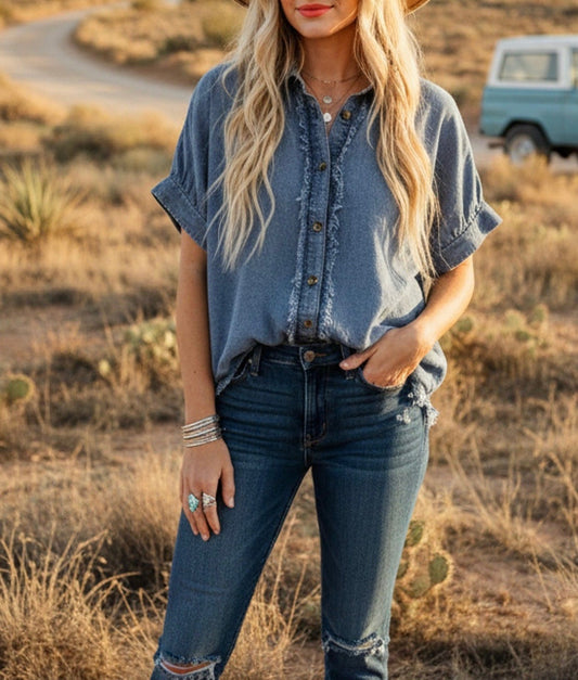 Frayed Denim Button Top