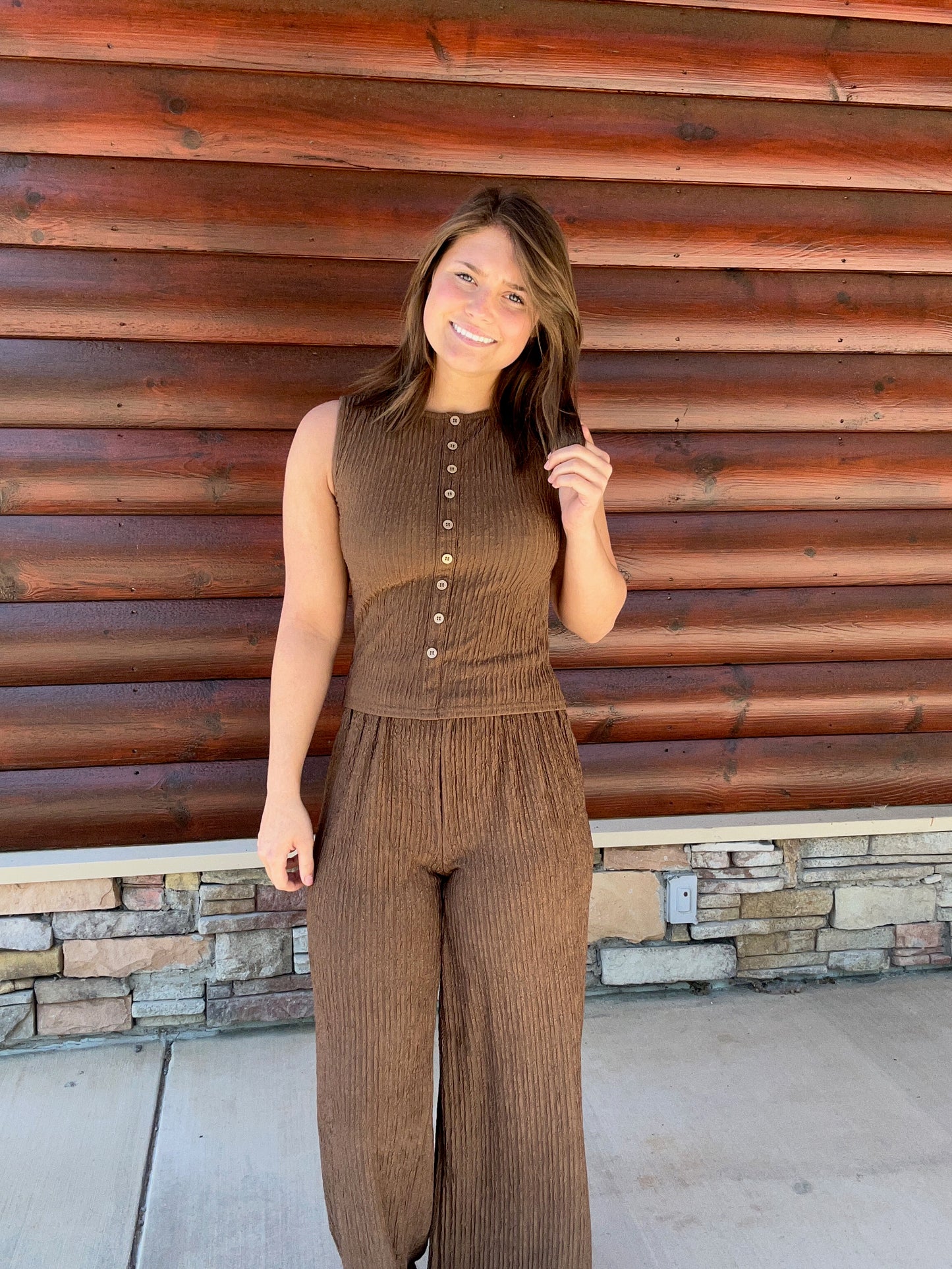 Textured Mock Button Sleeveless Top