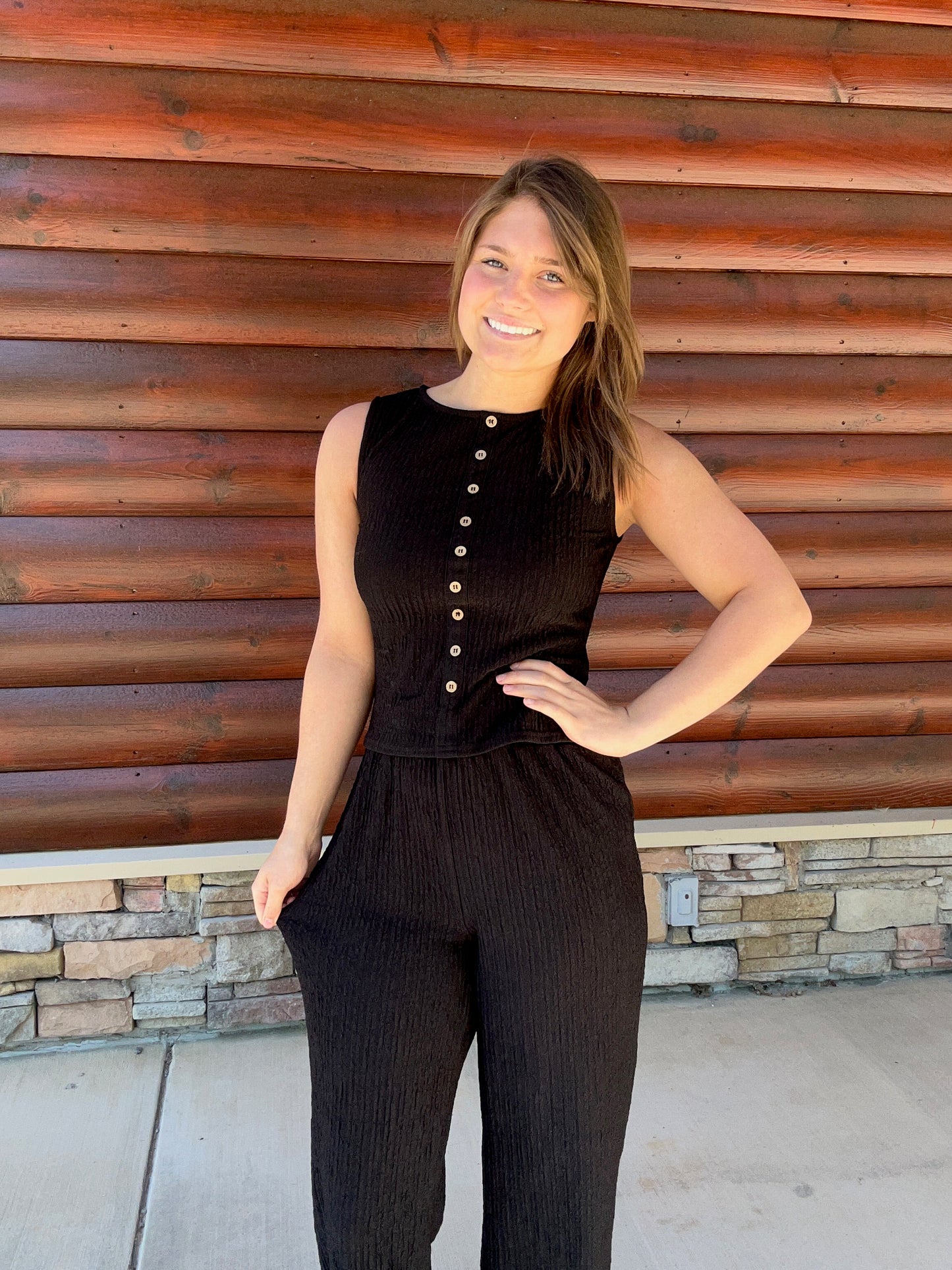 Textured Mock Button Sleeveless Top
