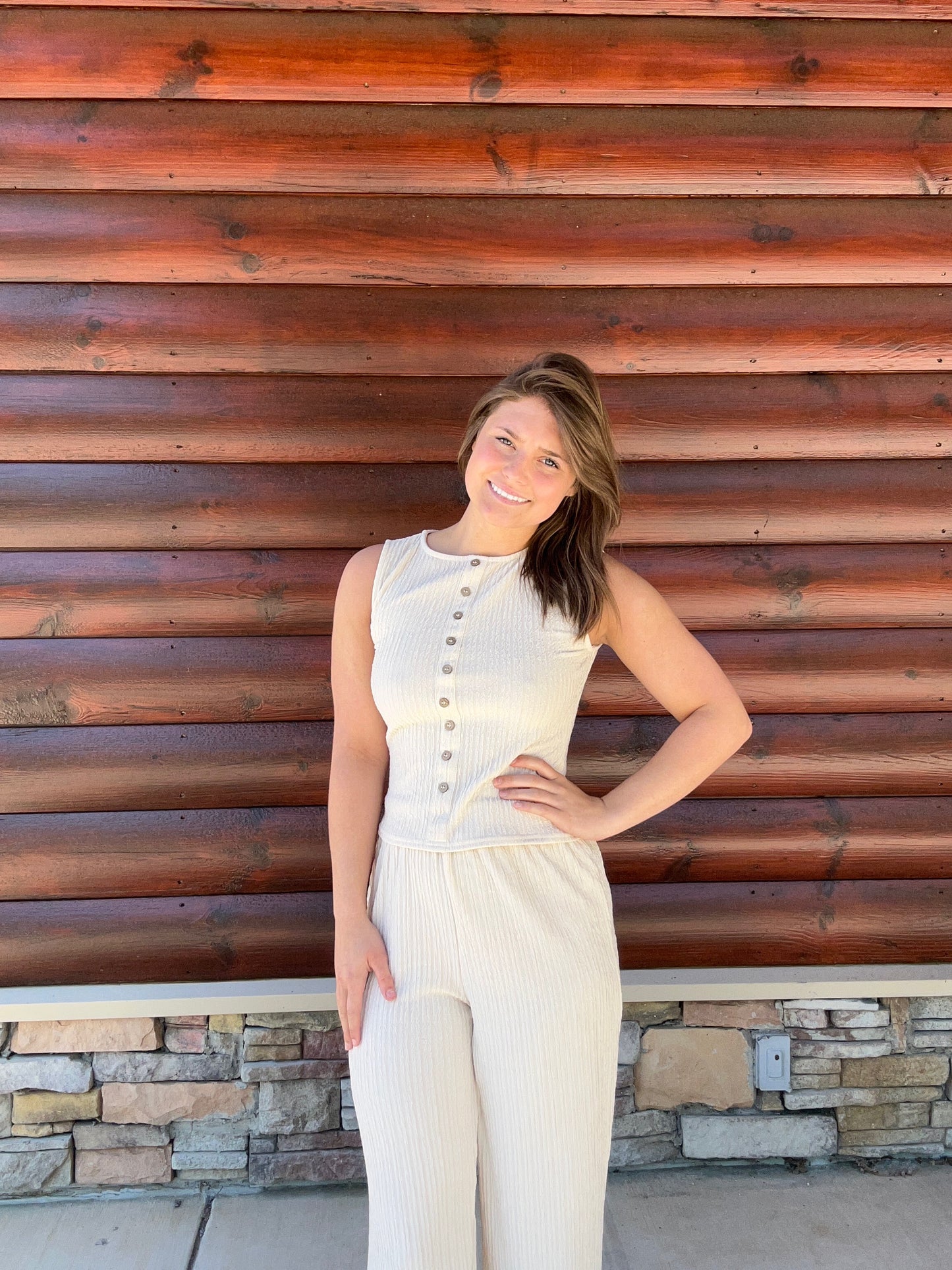 Textured Mock Button Sleeveless Top
