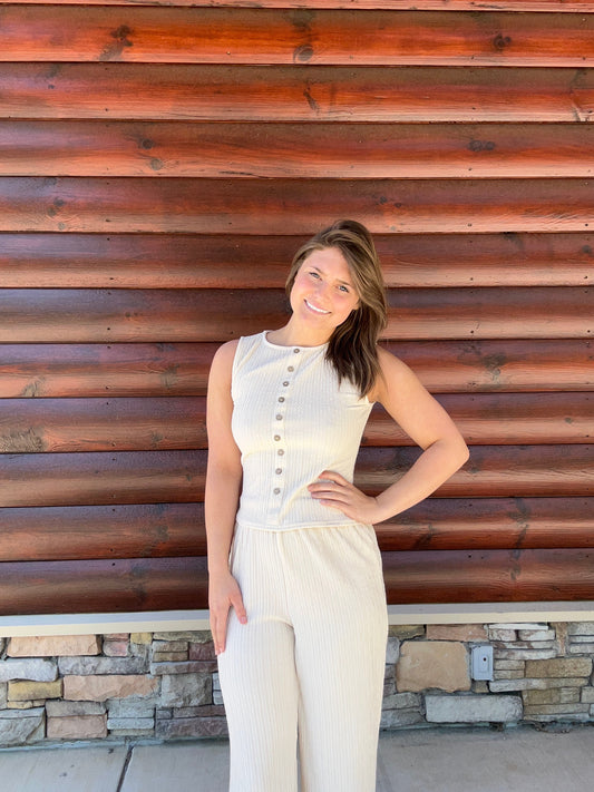 Textured Mock Button Sleeveless Top