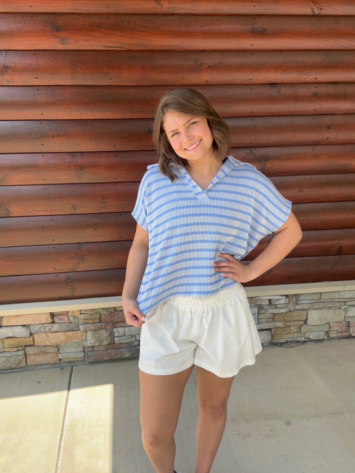 Raised Rib Striped Collared Top