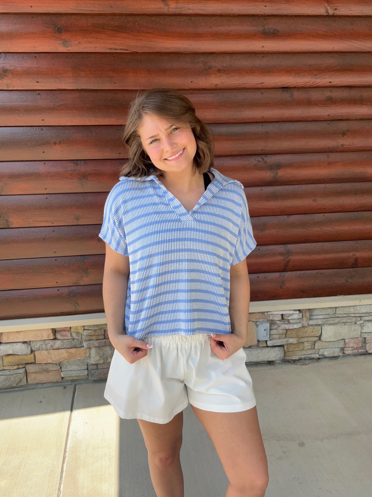 Raised Rib Striped Collared Top
