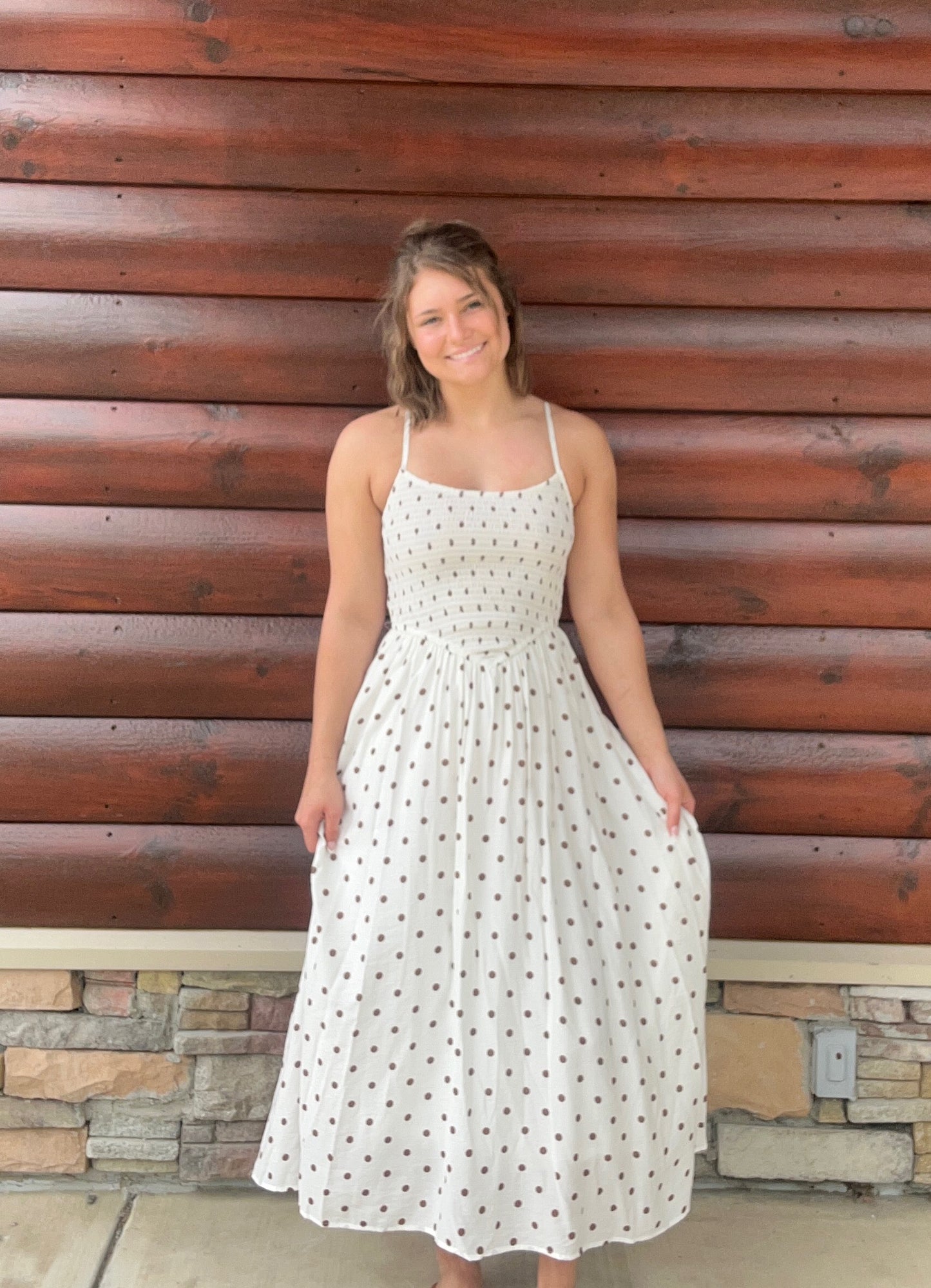 Polka Dot Smocked Basque Waist Midi